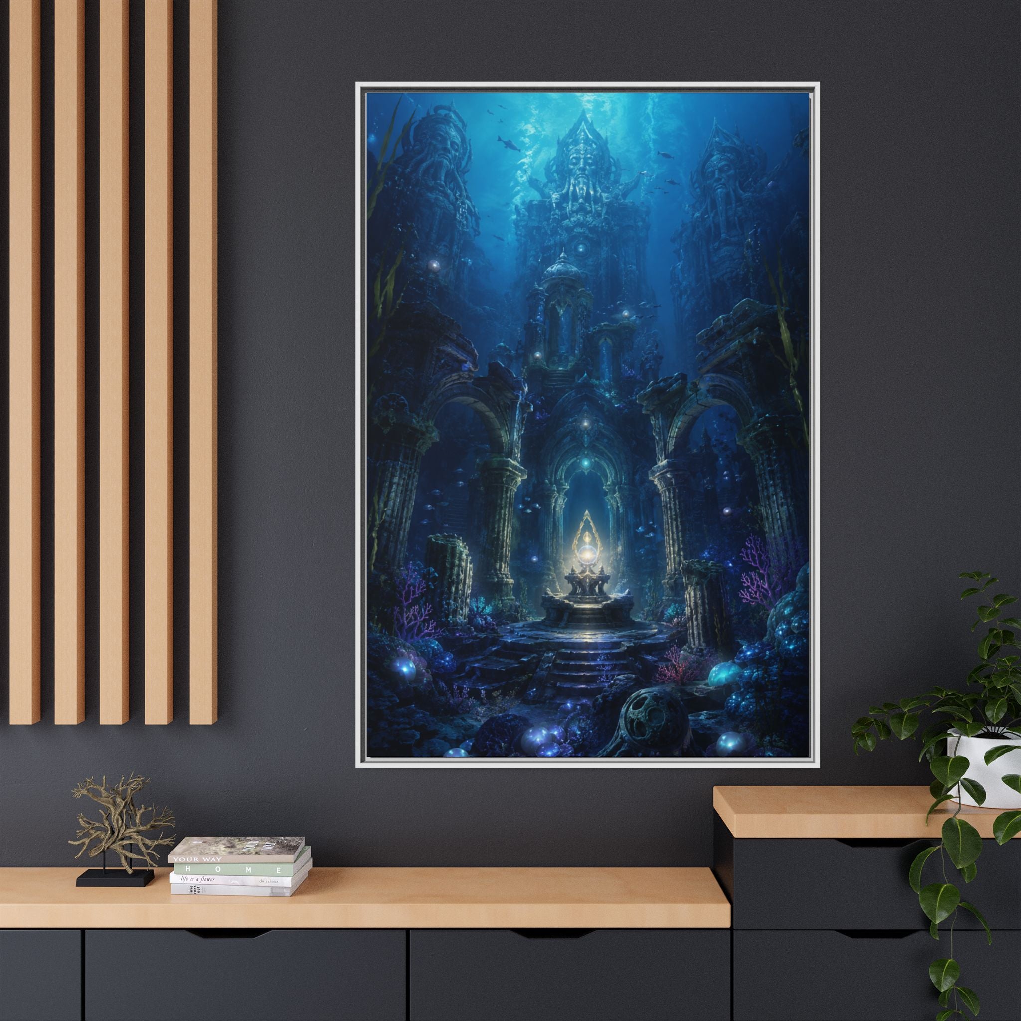 Framed Matte Canvas - Enchanted Underwater Temple Fantasy Art