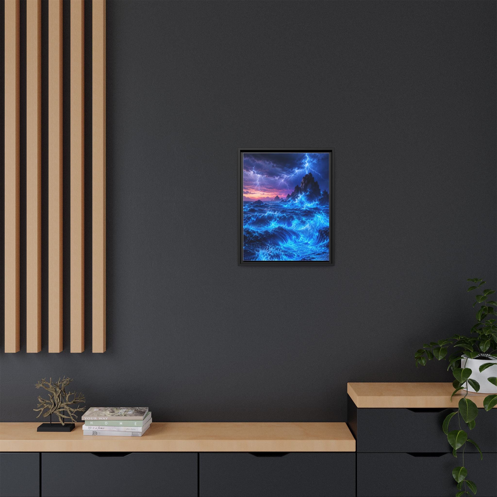 Framed Matte Canvas Art — Electric Stormy Ocean Landscape