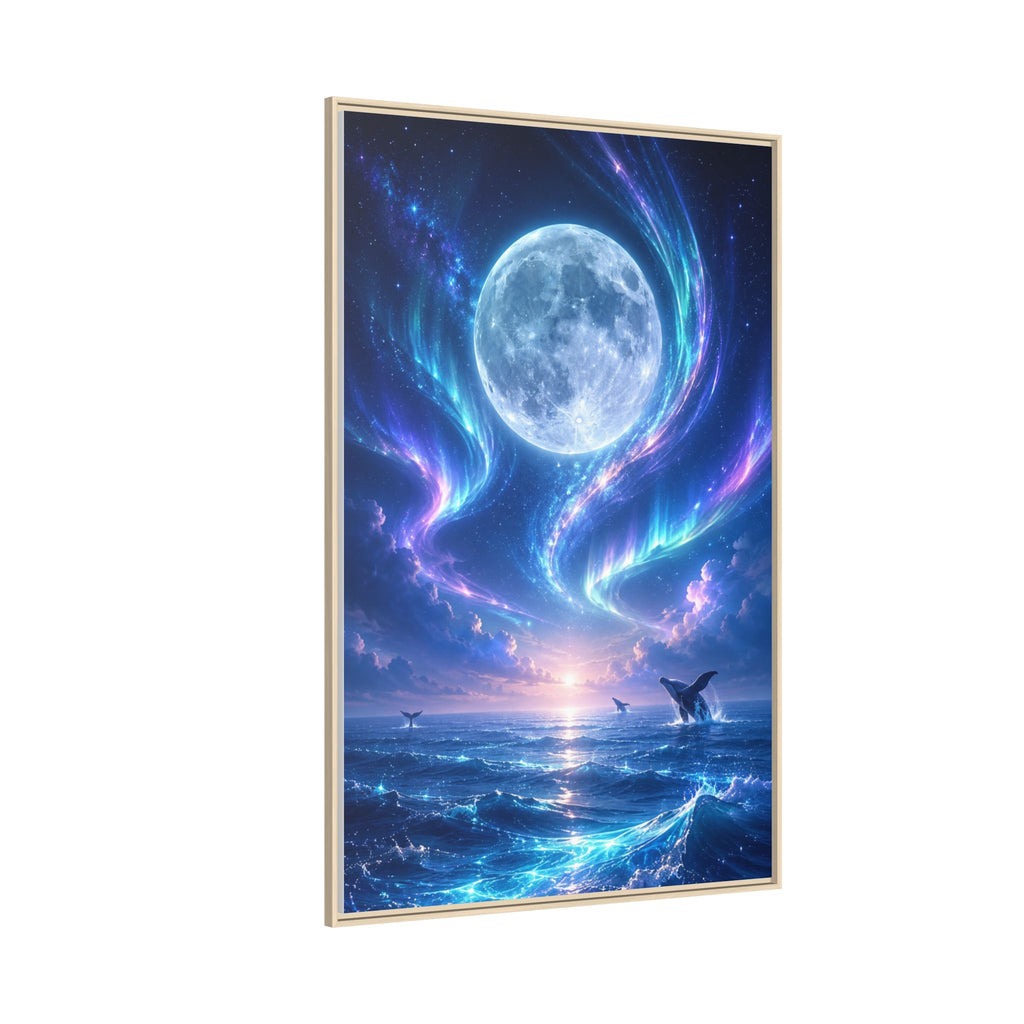 Framed Canvas Art - Lunar Aurora Ocean Scene