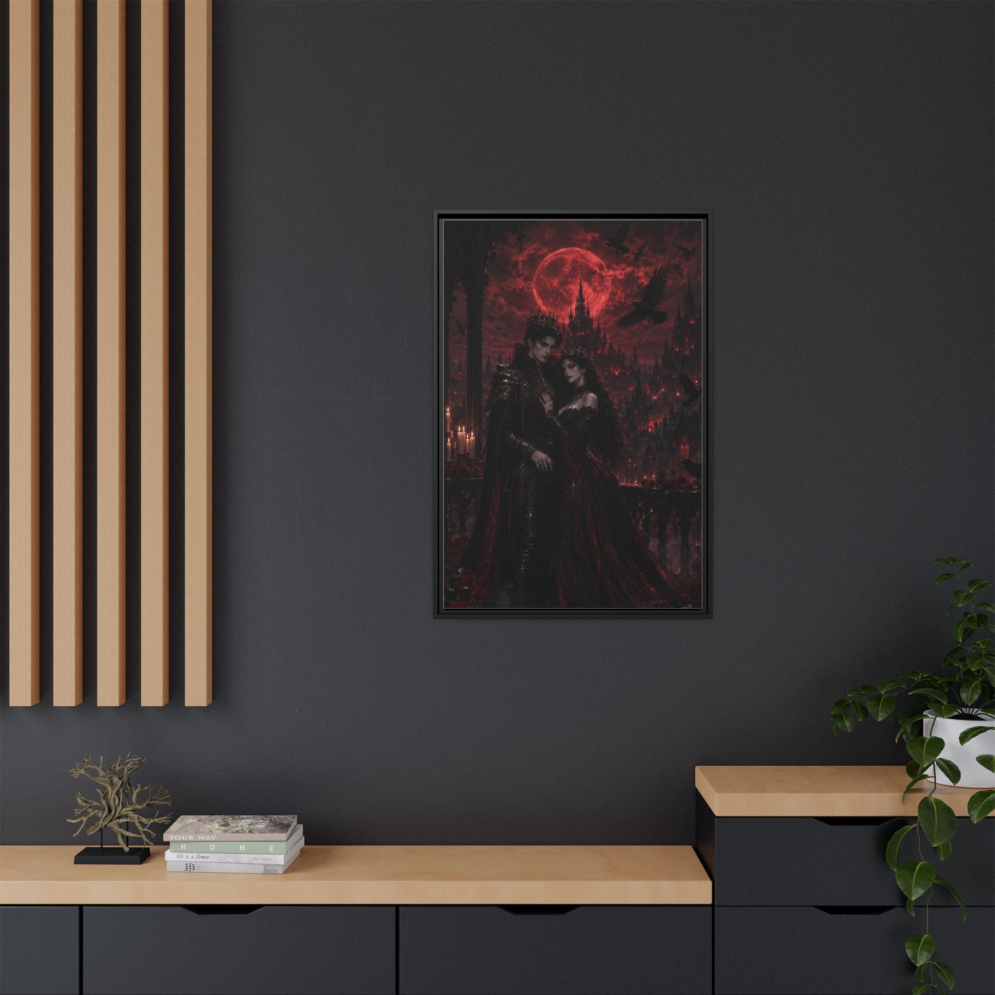 Vampire Lovers Matte Framed Canvas — Gothic Red Moon Wall Art
