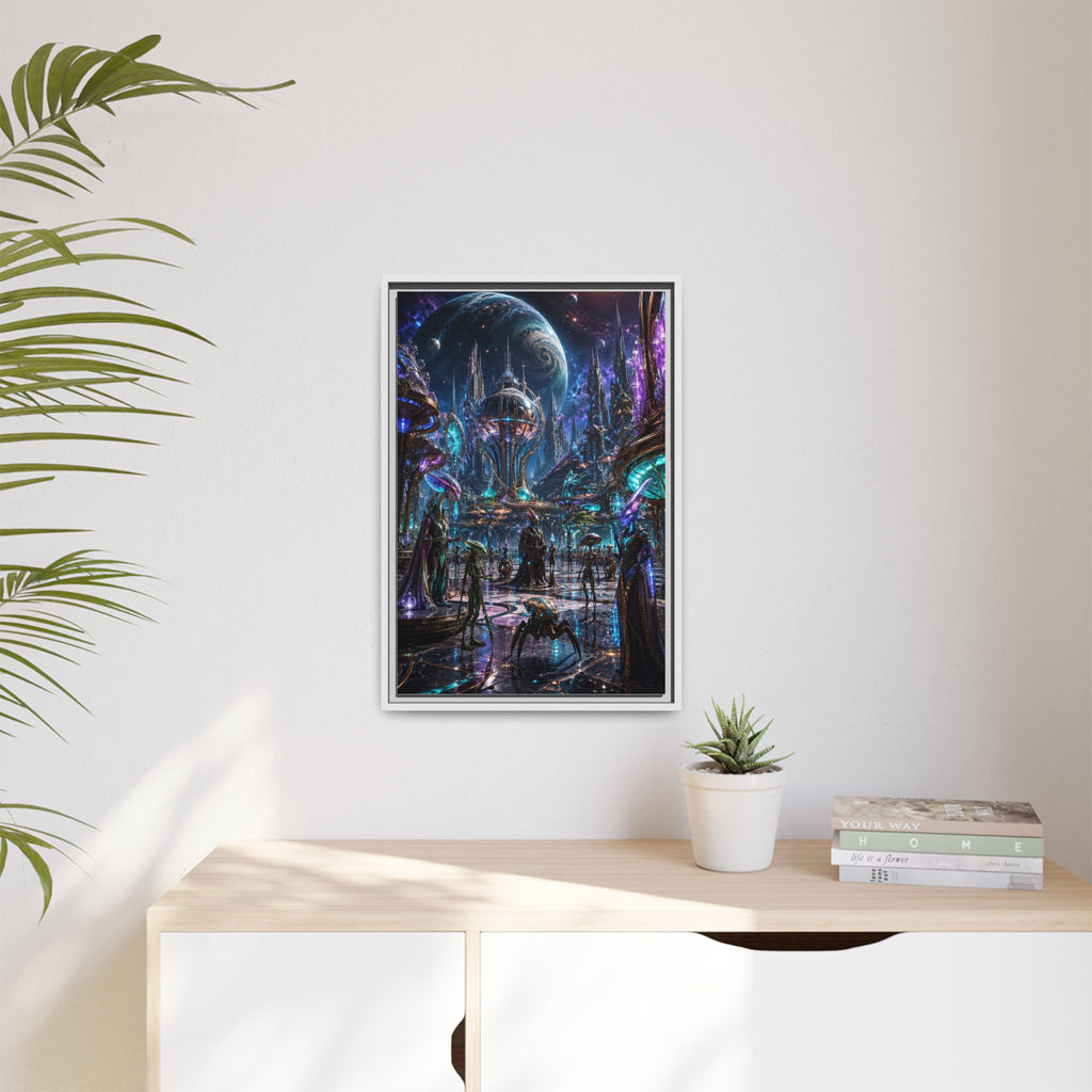 Framed Matte Canvas - Neon Sci‑Fi Cityscape Wall Art