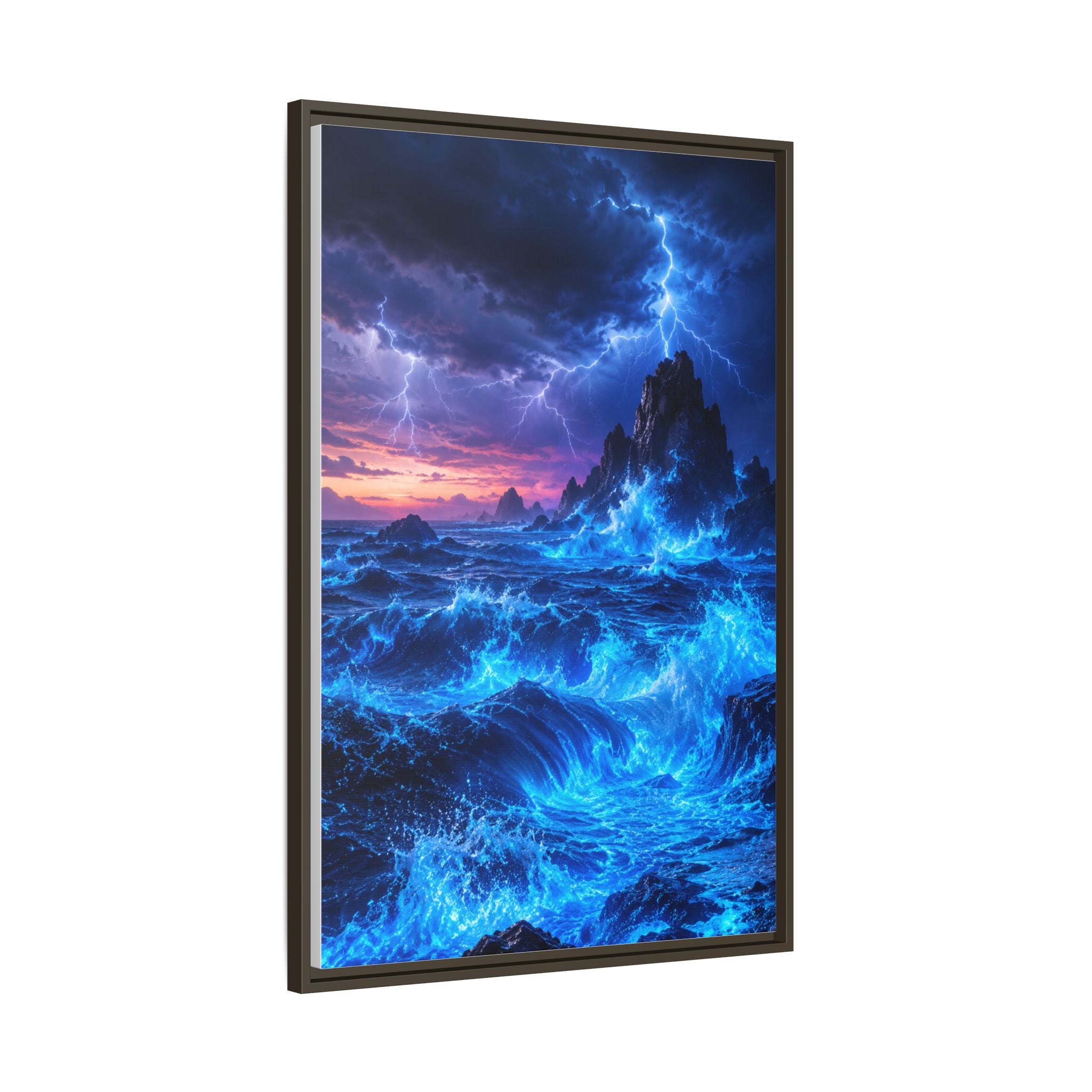 Framed Matte Canvas Art — Electric Stormy Ocean Landscape