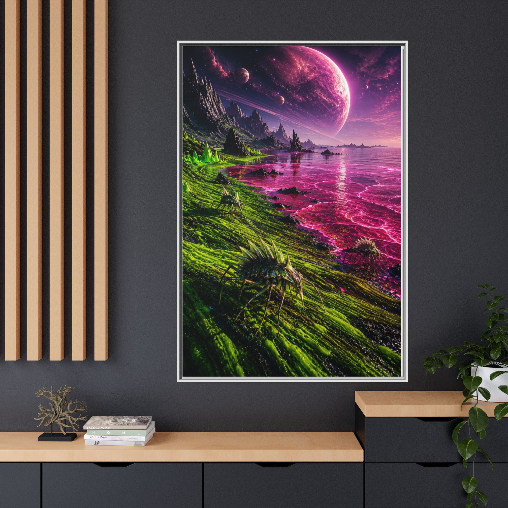Framed Matte Canvas - Neon Alien Landscape Wall Art