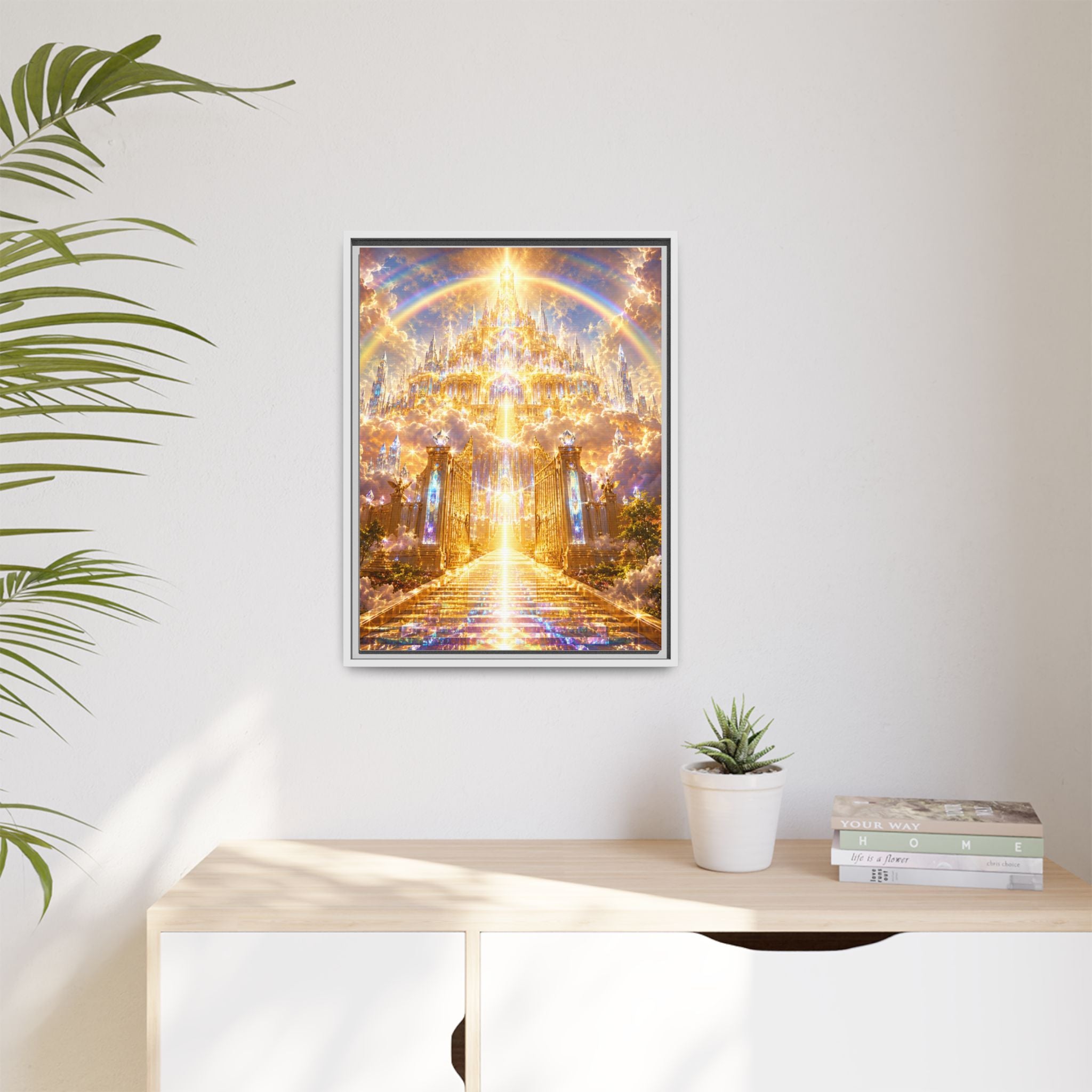 Heavenly Gateway Matte Framed Canvas — Golden Rainbow Spiritual Wall Art