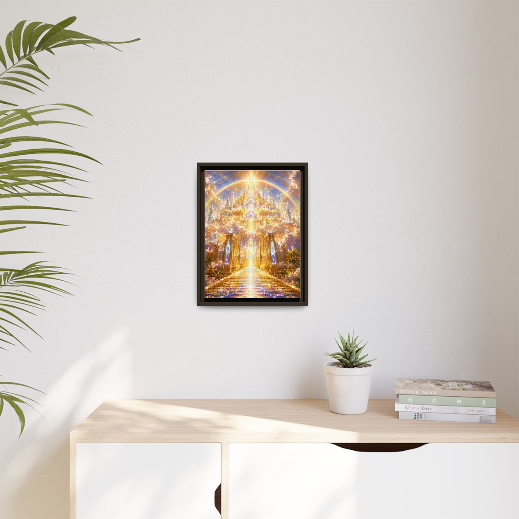 Heavenly Gateway Matte Framed Canvas — Golden Rainbow Spiritual Wall Art