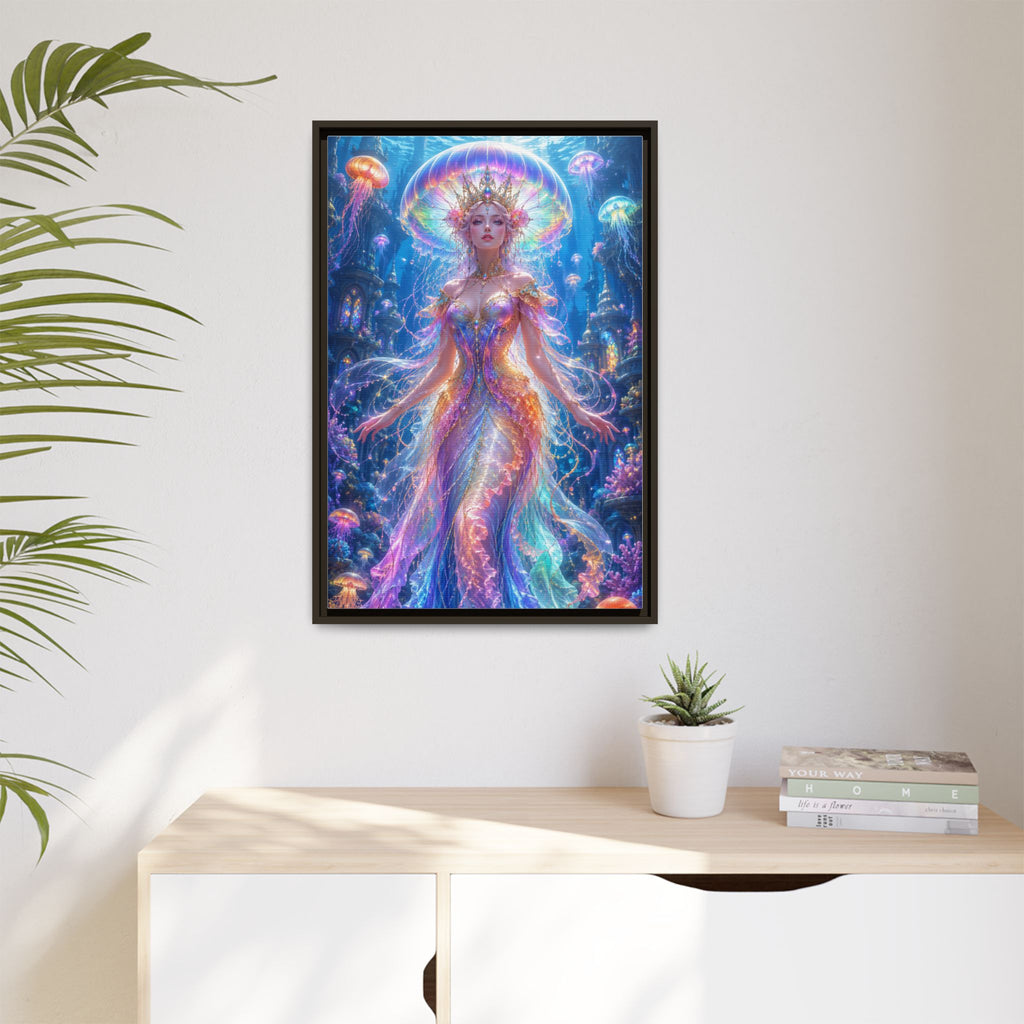 Jellyfish Queen Framed Canvas Art — Vibrant Mermaid Goddess Wall Print