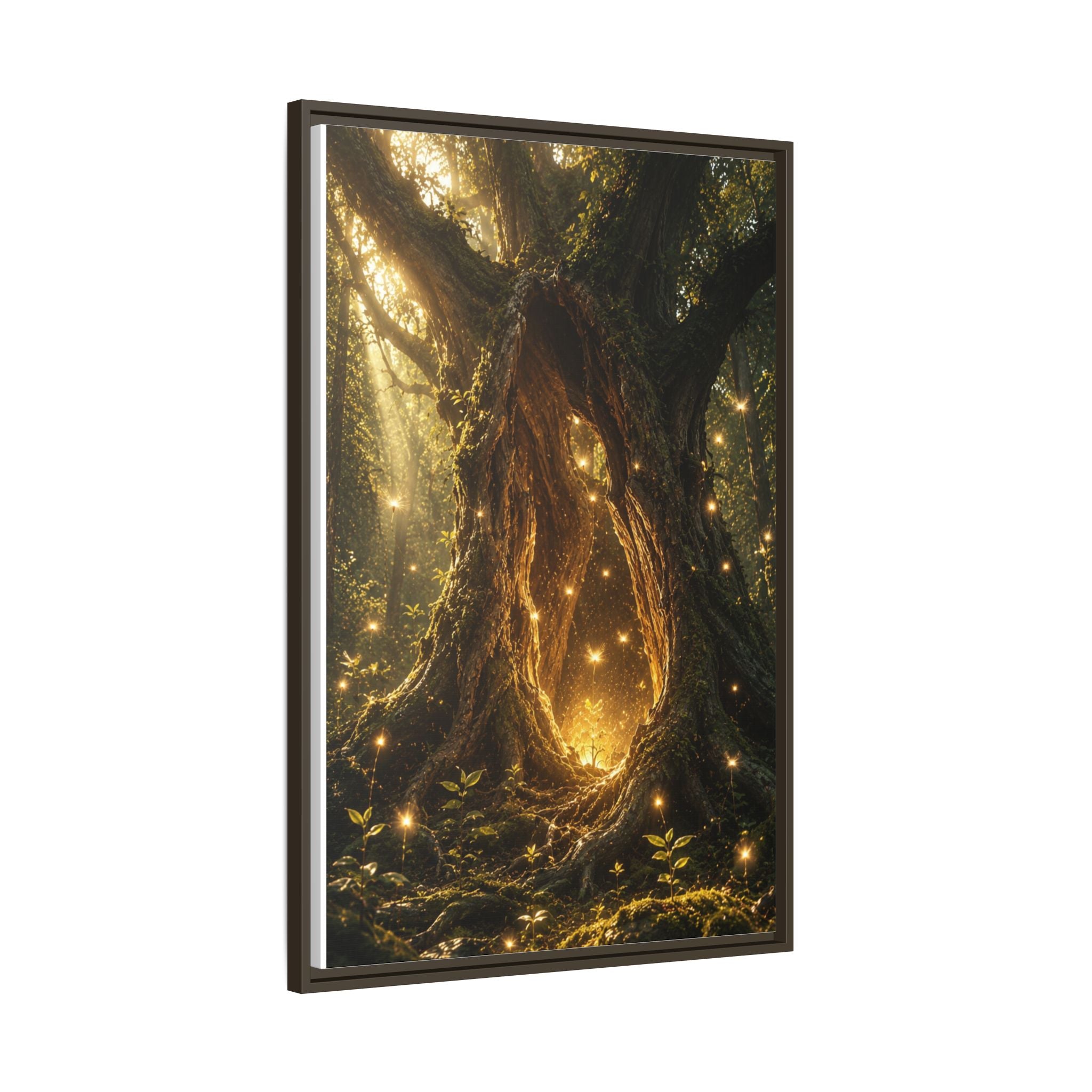 Framed Canvas Art - Enchanted Forest Tree with Glowing Fireflies