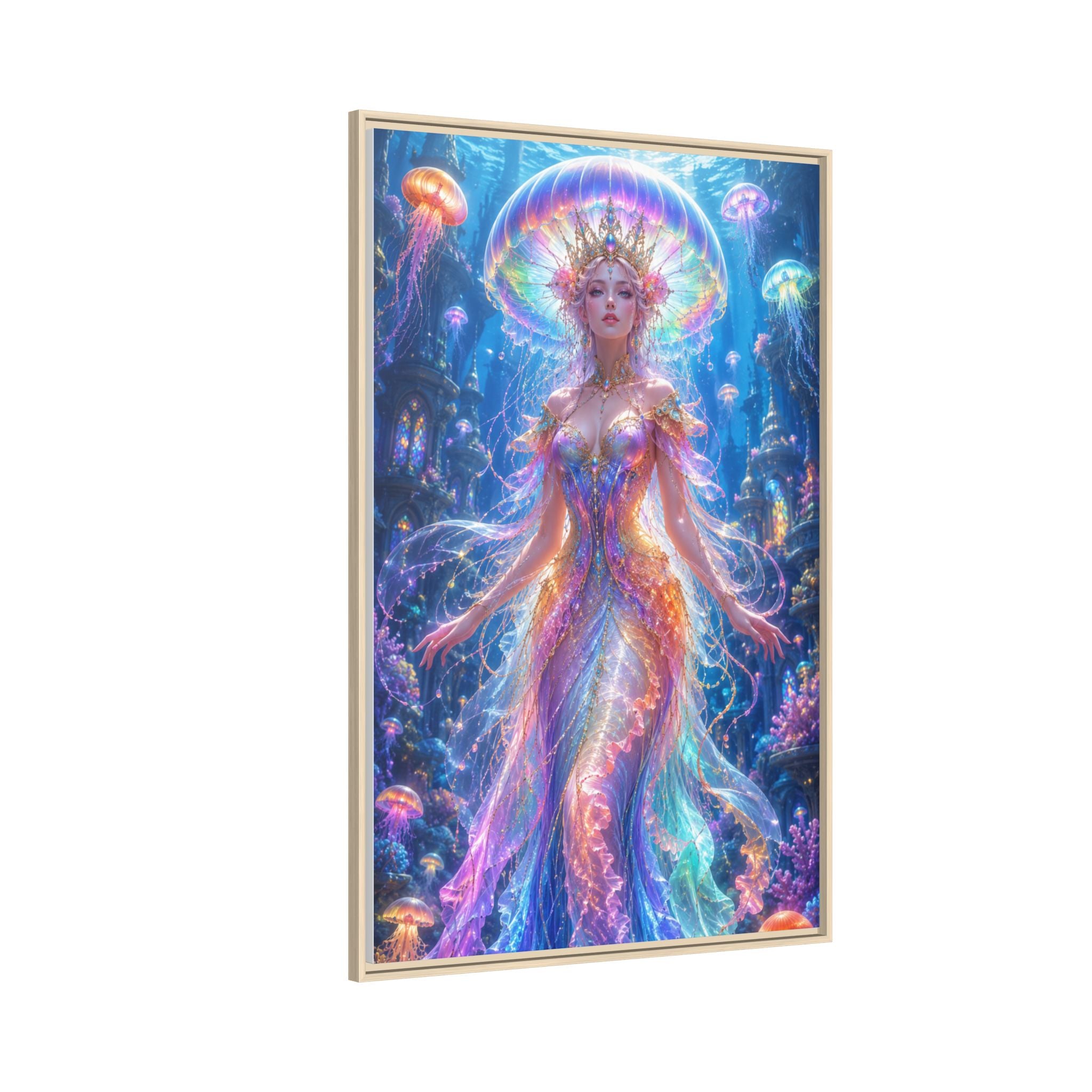 Jellyfish Queen Framed Canvas Art — Vibrant Mermaid Goddess Wall Print