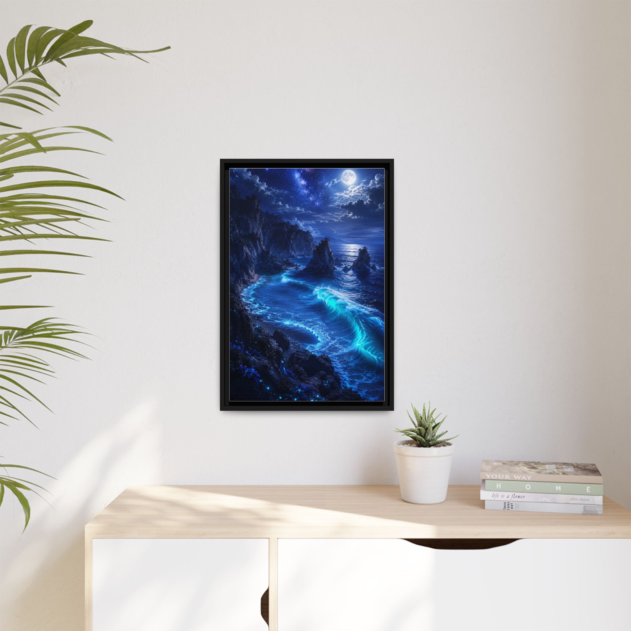 Framed Matte Canvas: Luminous Moonlit Ocean Art Print