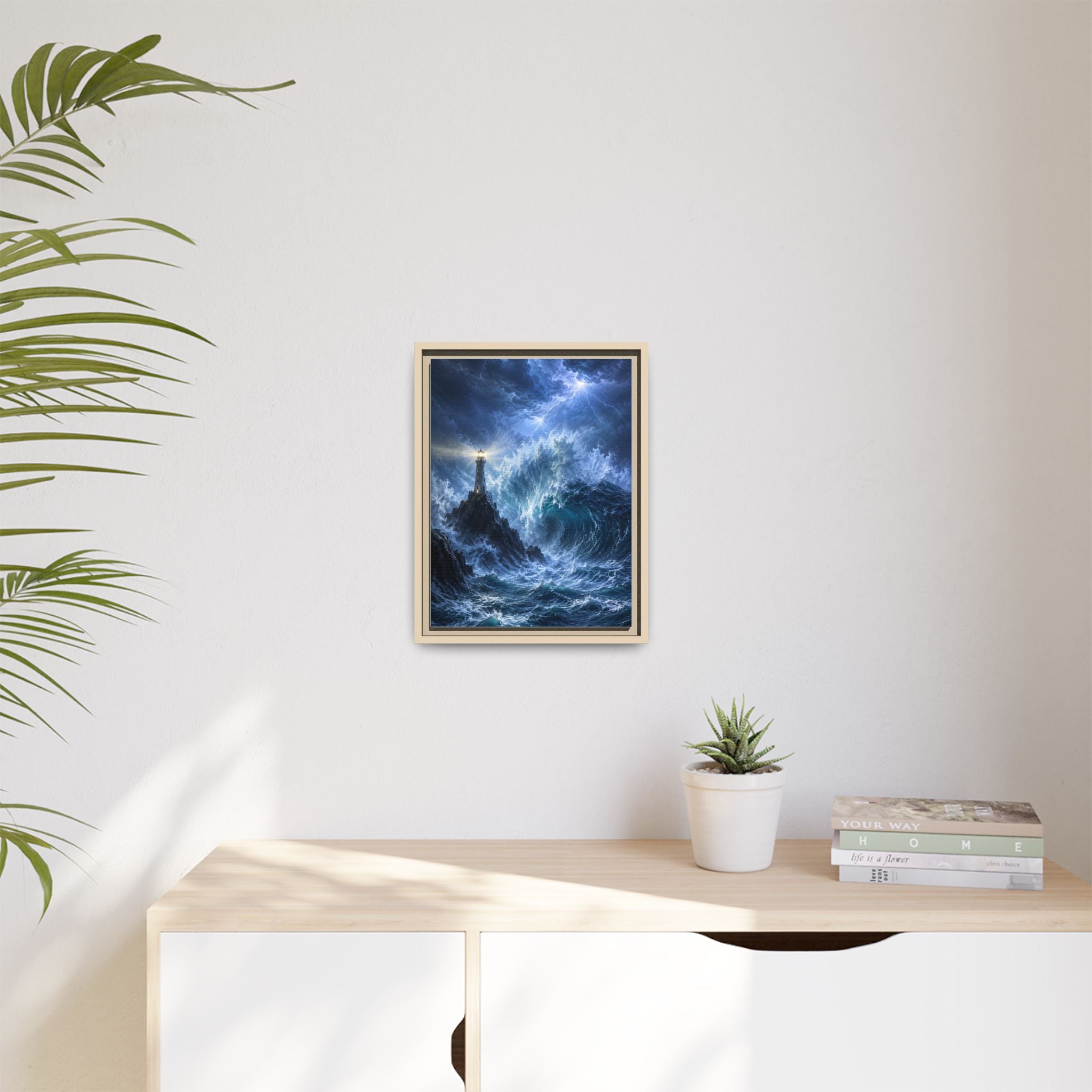 Framed Matte Canvas – Stormy Lighthouse Ocean Print