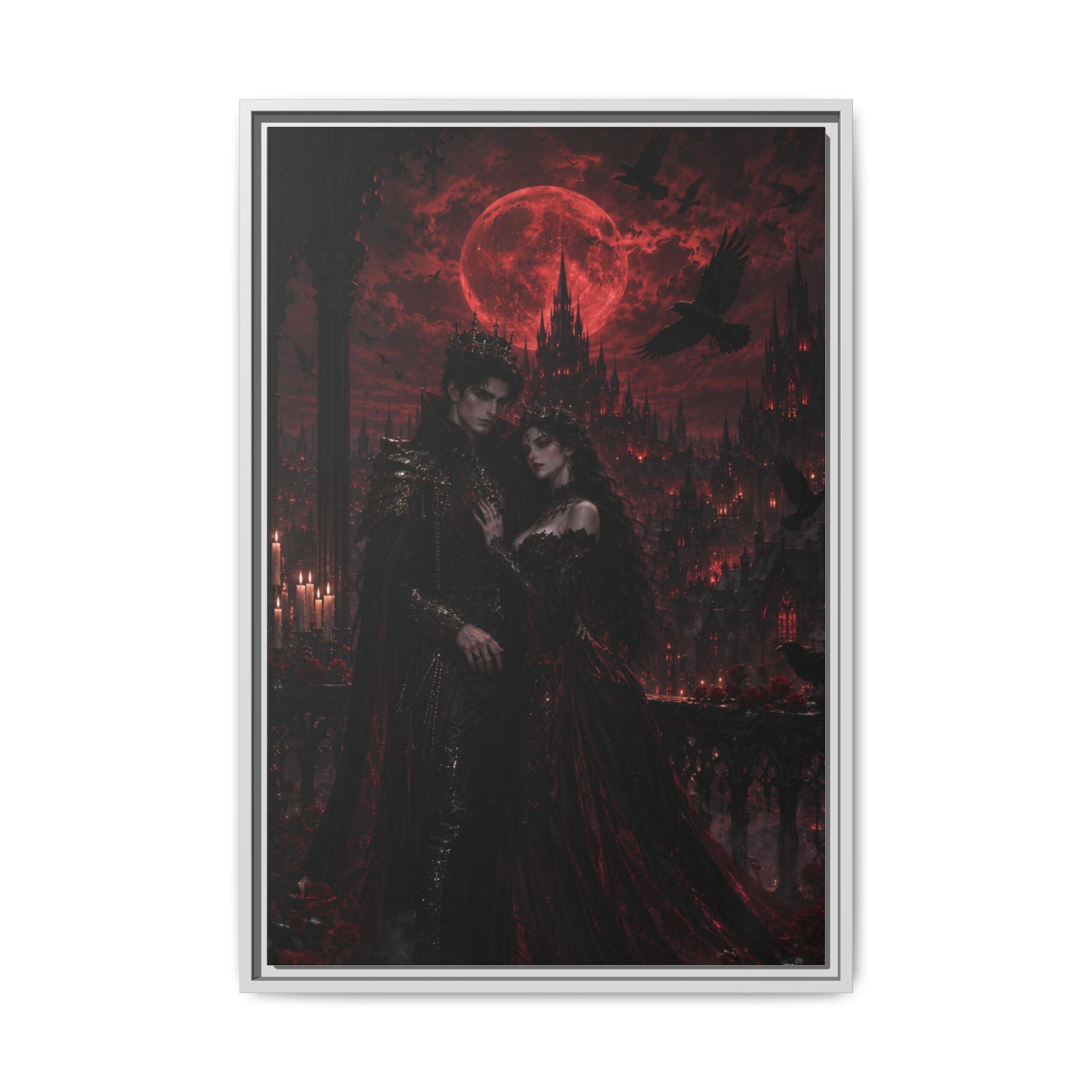 Vampire Lovers Matte Framed Canvas — Gothic Red Moon Wall Art