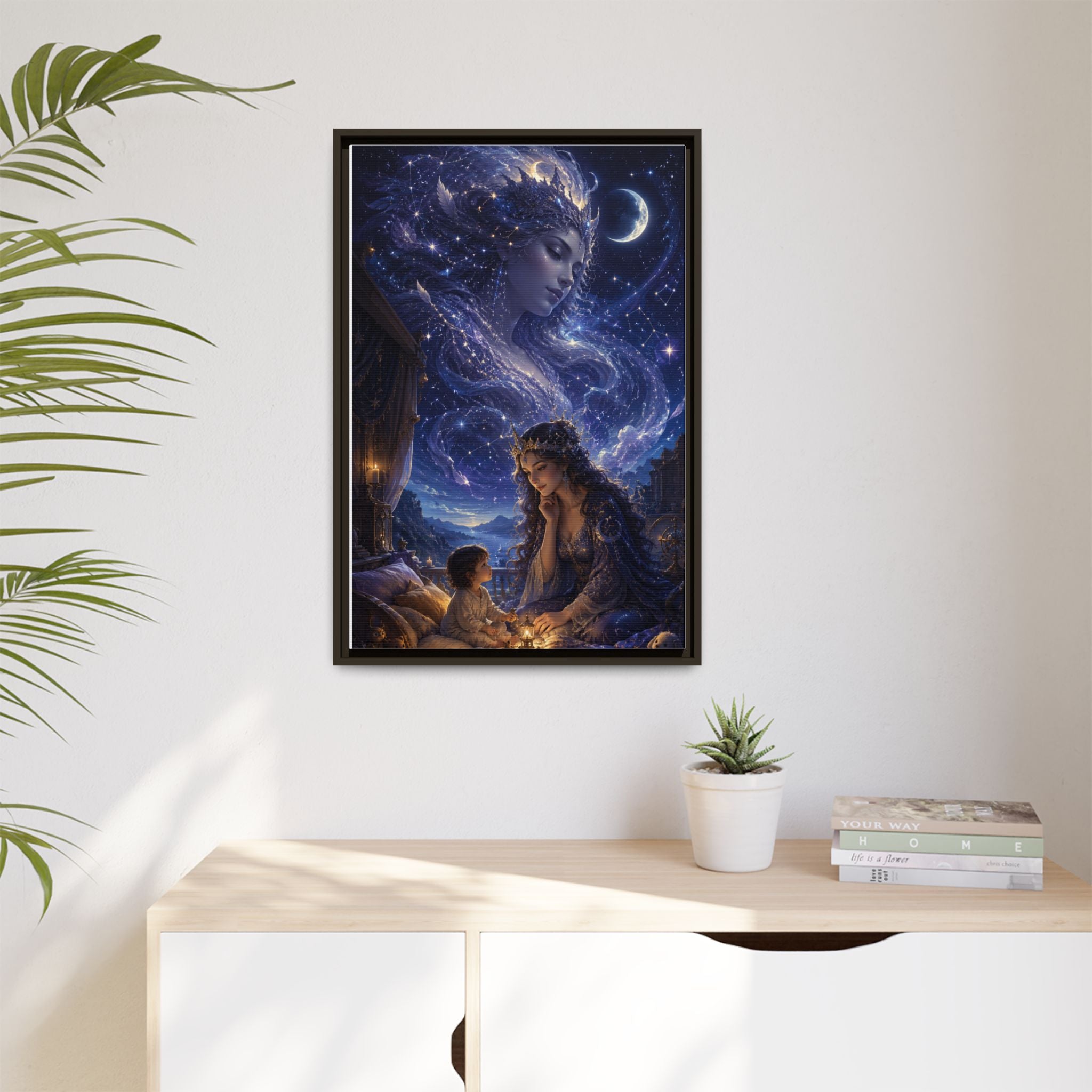 Framed Matte Canvas — Mystical Moon Mother & Child Nightscape Wall Art