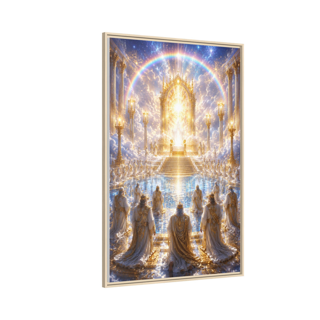 Heavenly Throne Room Matte Framed Canvas — Golden Angelic Realm Wall Art