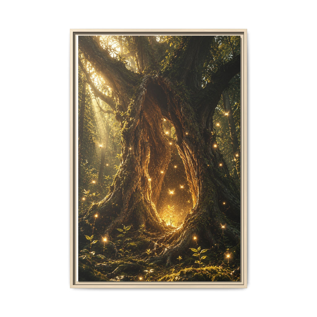Framed Canvas Art - Enchanted Forest Tree with Glowing Fireflies