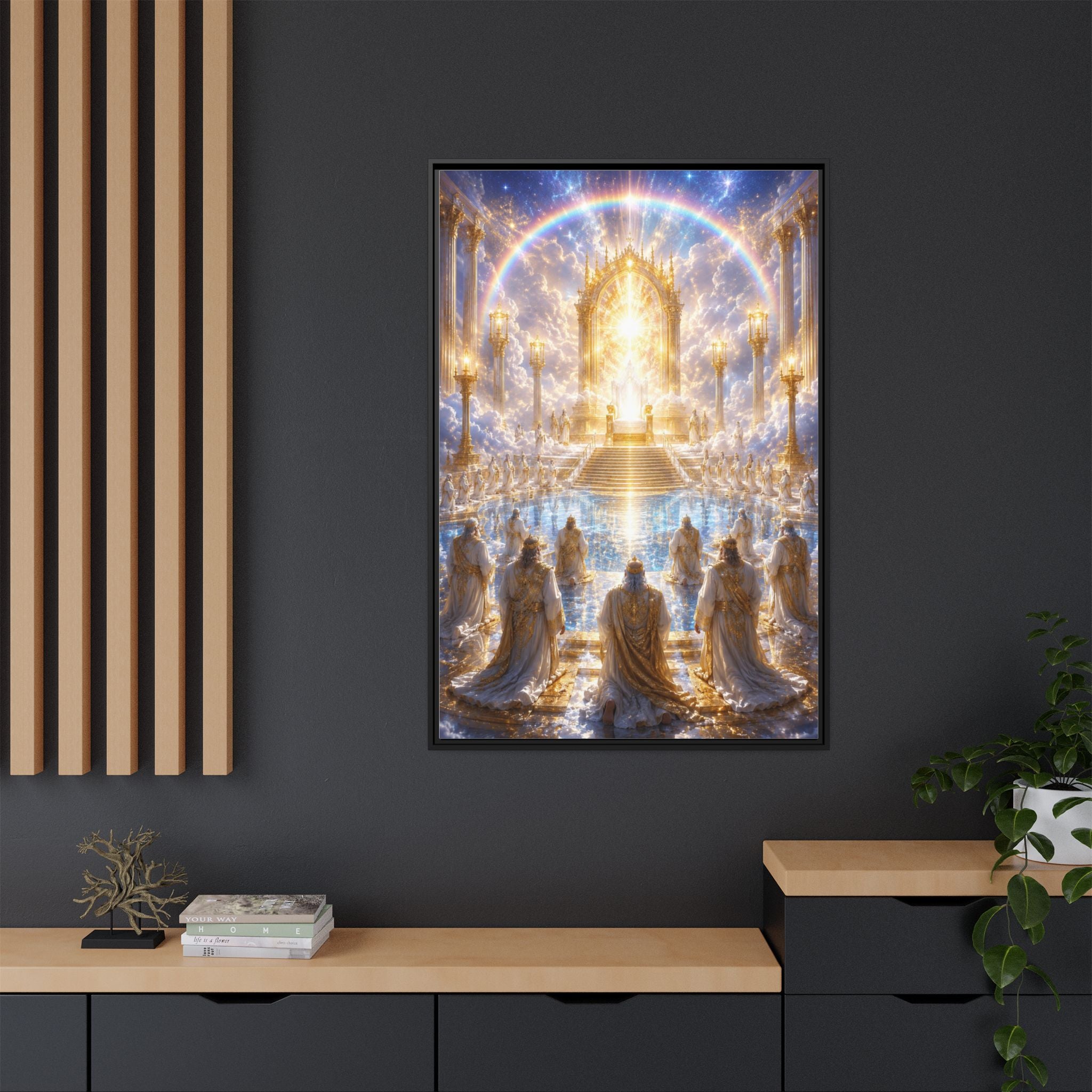 Heavenly Throne Room Matte Framed Canvas — Golden Angelic Realm Wall Art