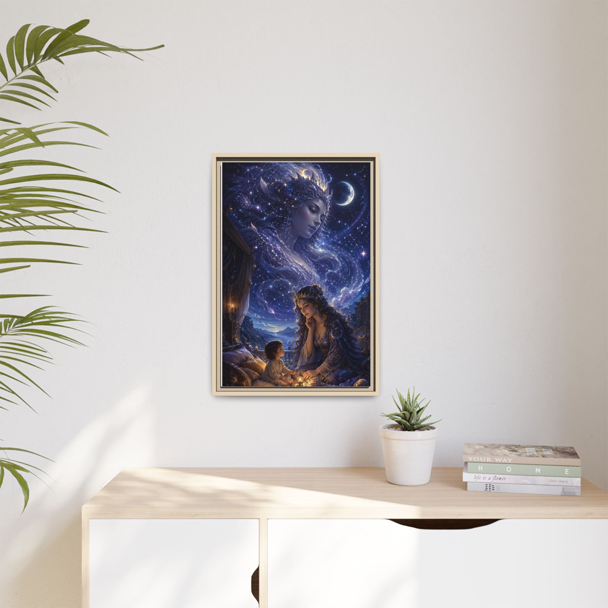 Framed Matte Canvas — Mystical Moon Mother & Child Nightscape Wall Art