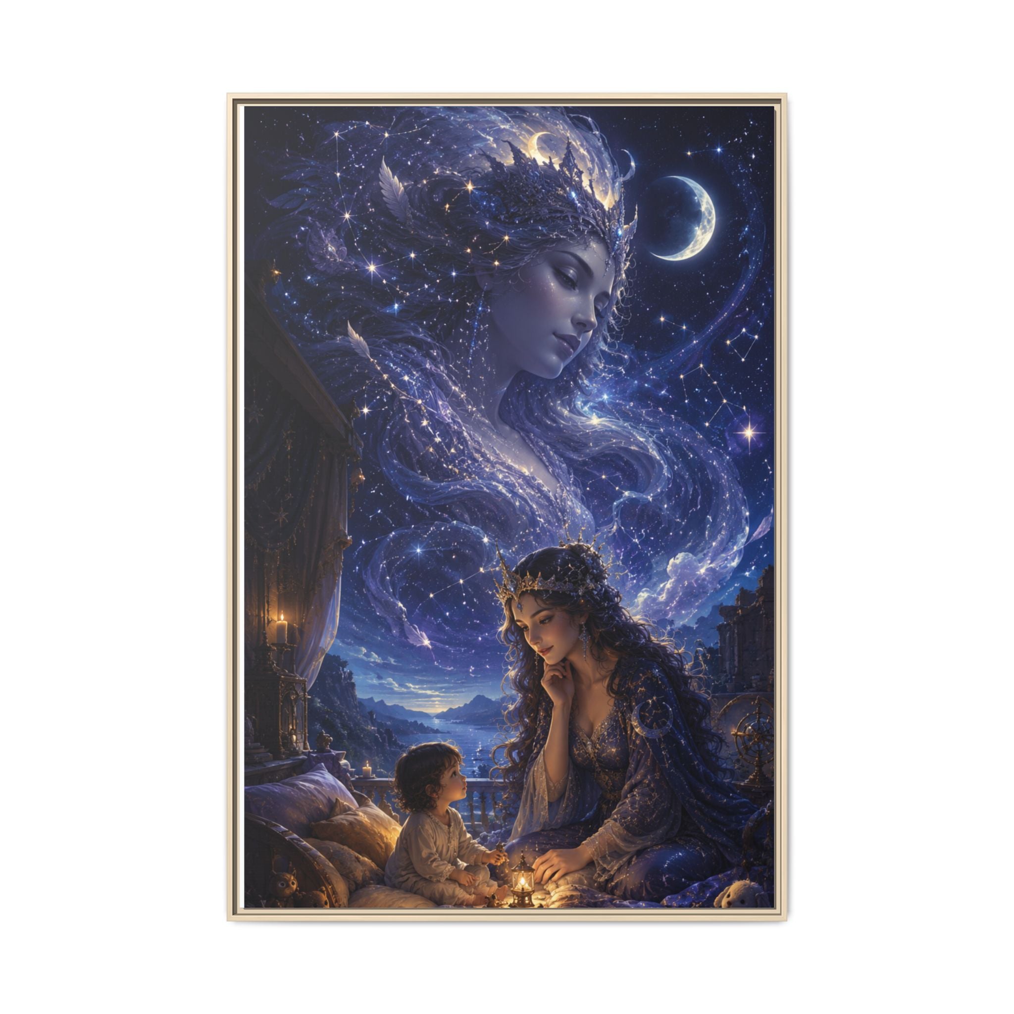 Framed Matte Canvas — Mystical Moon Mother & Child Nightscape Wall Art