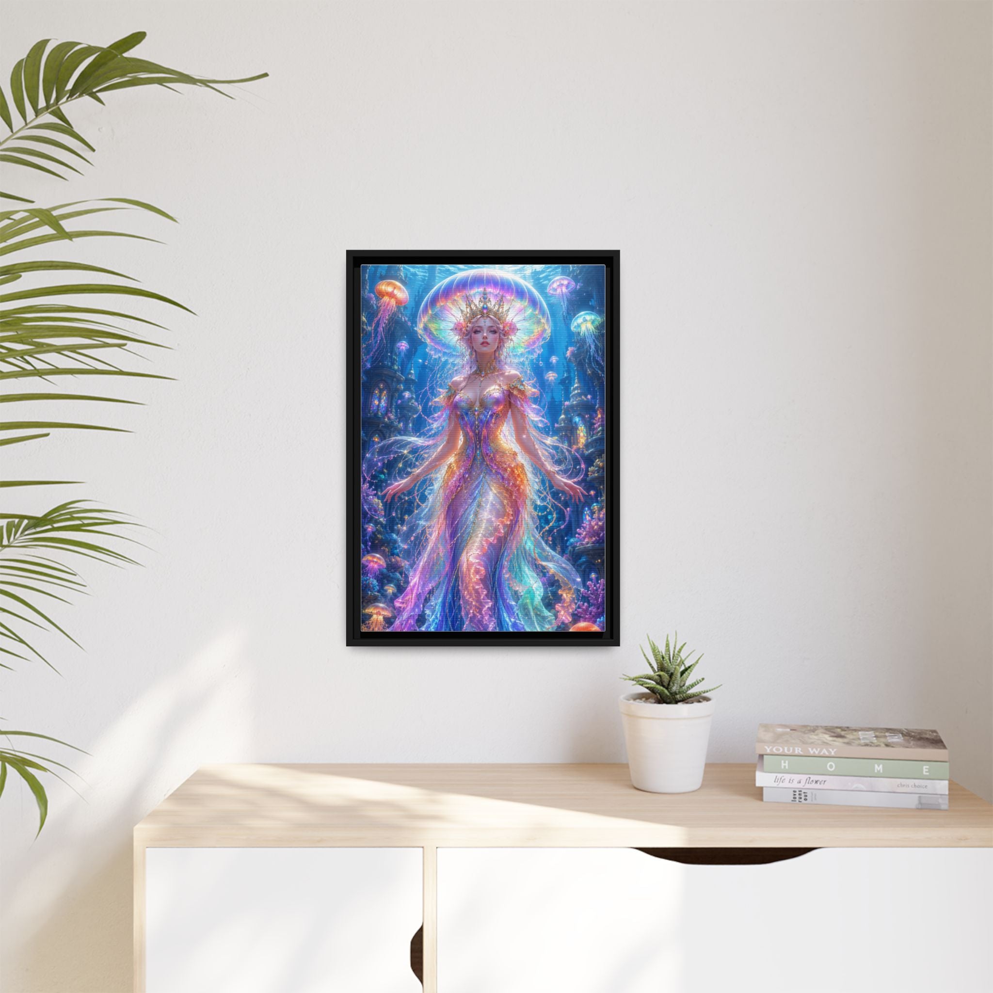 Jellyfish Queen Framed Canvas Art — Vibrant Mermaid Goddess Wall Print