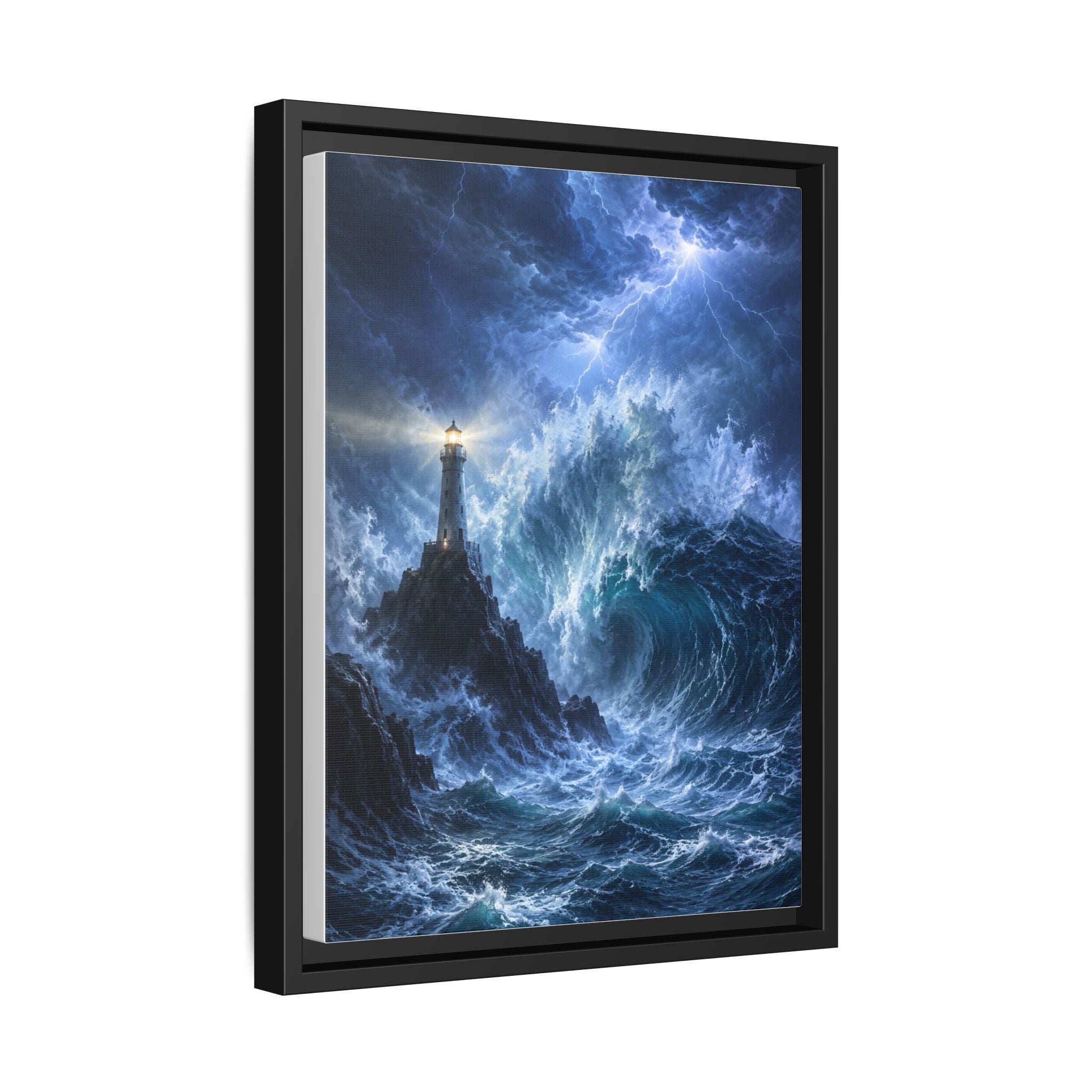 Framed Matte Canvas – Stormy Lighthouse Ocean Print
