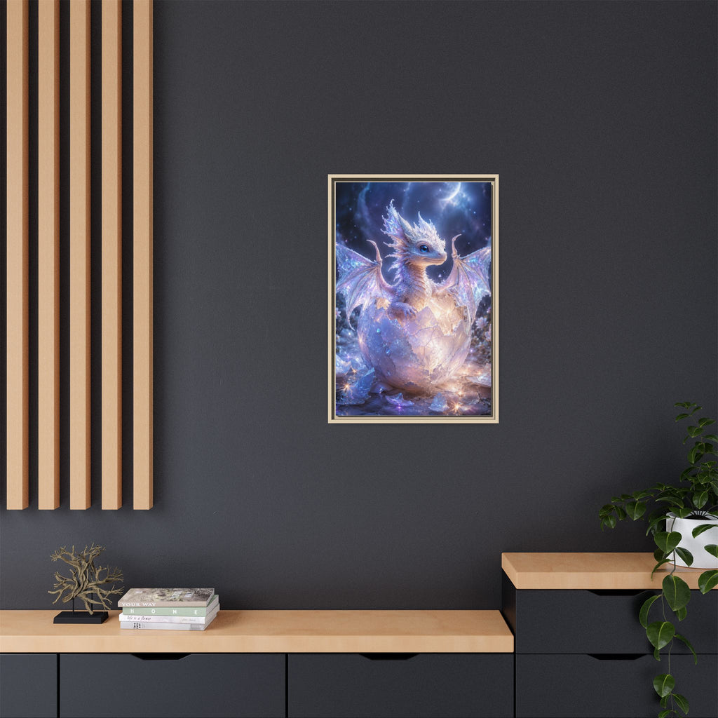 Framed Fantasy Dragon Canvas Print — Mystical Baby Dragon in Cracked Egg Wall Art