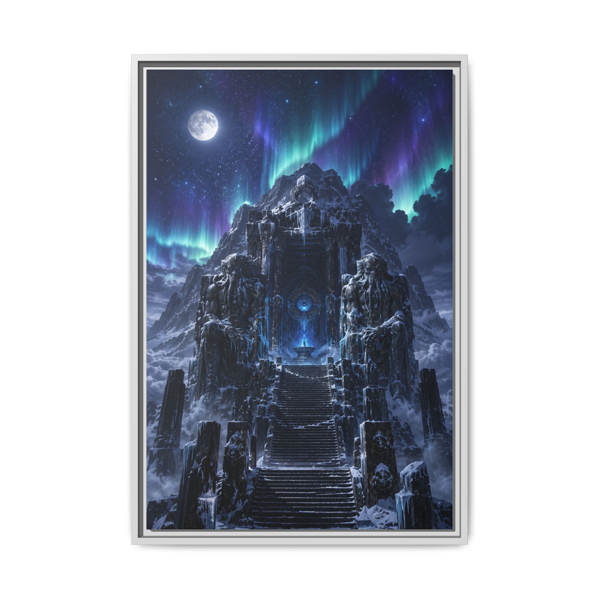 Aurora Mountain Fortress Matte Canvas Print (Framed) — Fantasy Nightscape Wall Art