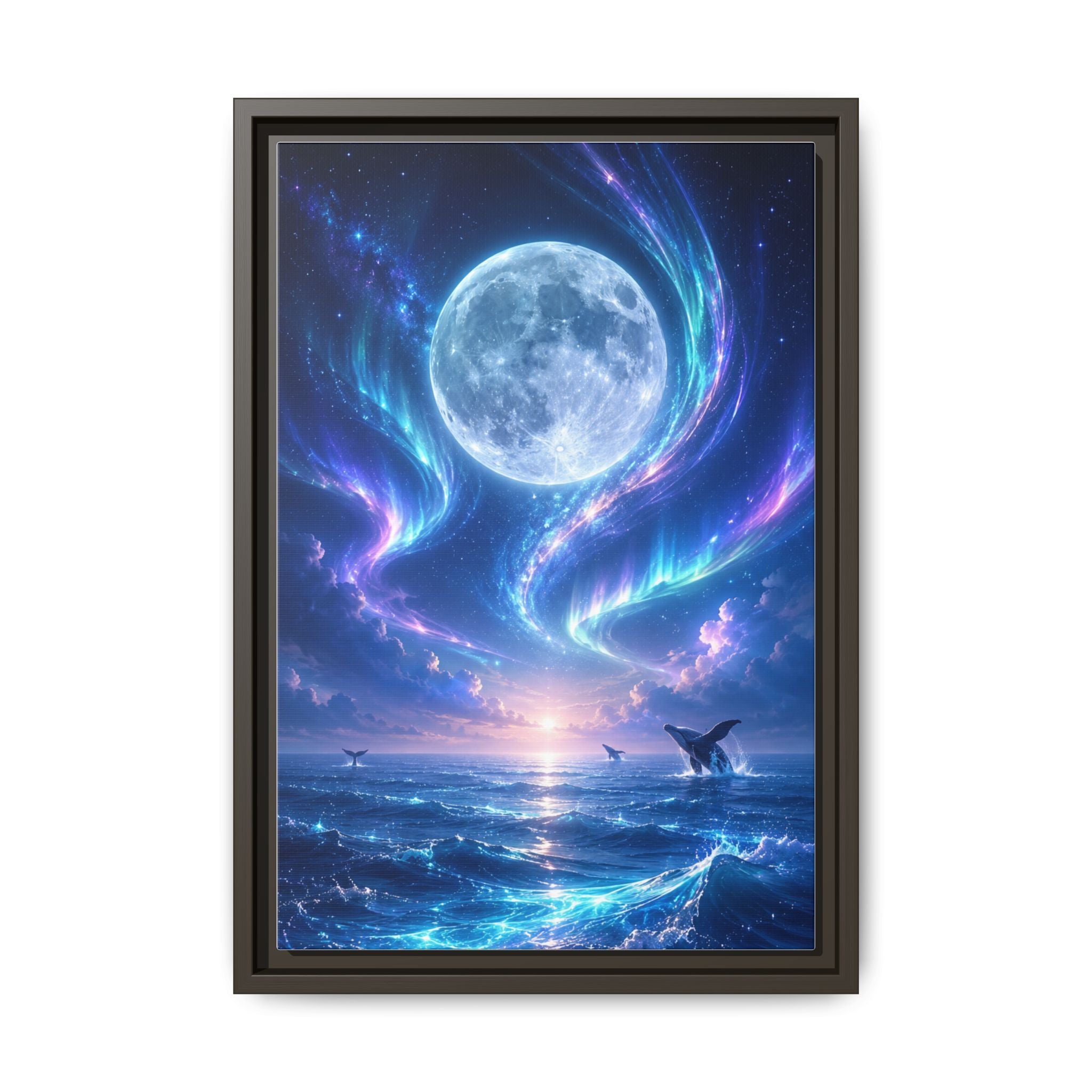 Framed Canvas Art - Lunar Aurora Ocean Scene