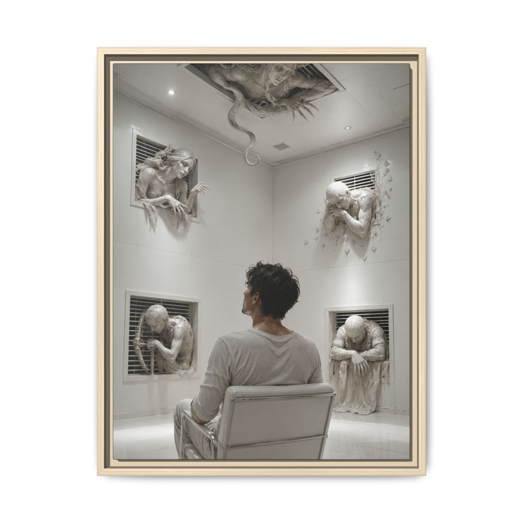 Surreal Wall Art Print — Man in Gallery with Sculpted Figures, Fine Art Paper Print