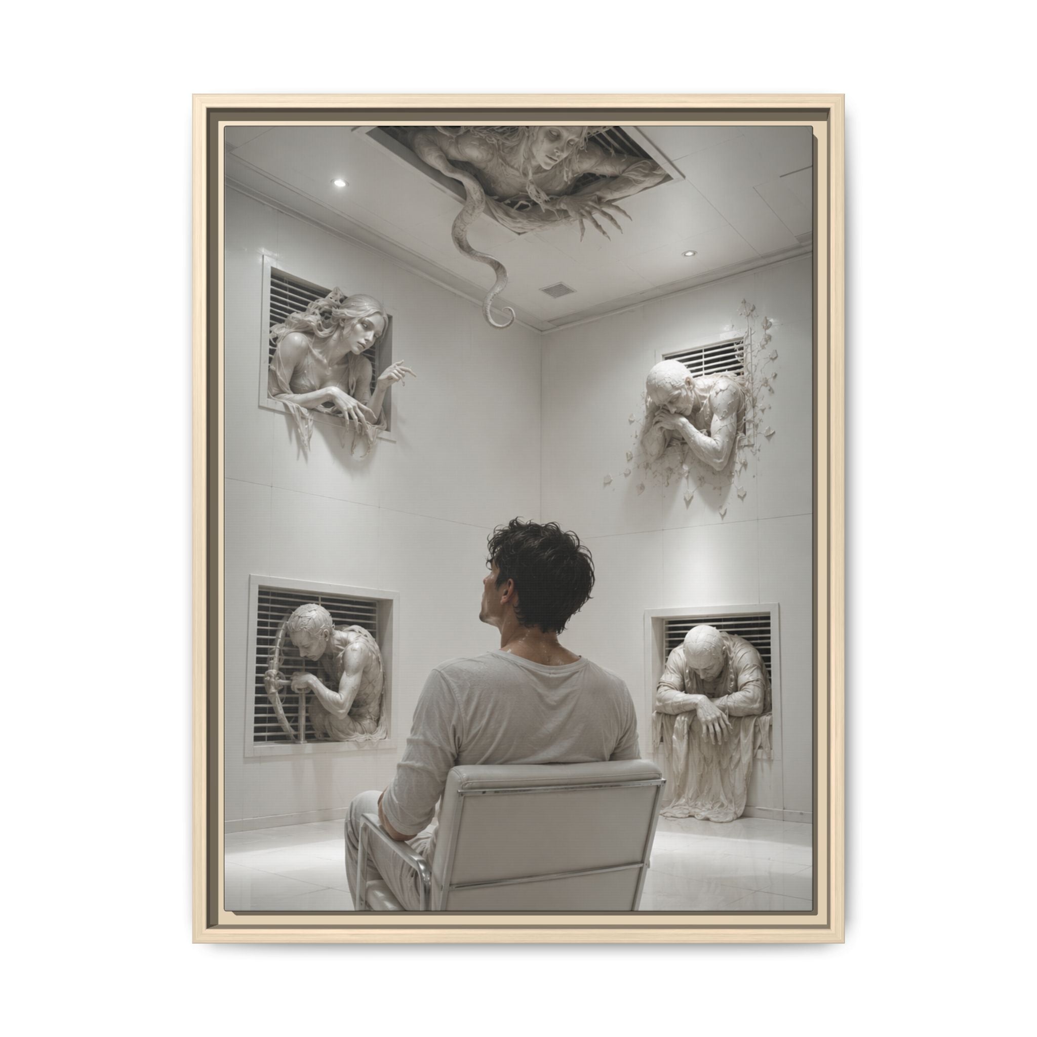 Surreal Wall Art Print — Man in Gallery with Sculpted Figures, Fine Art Paper Print