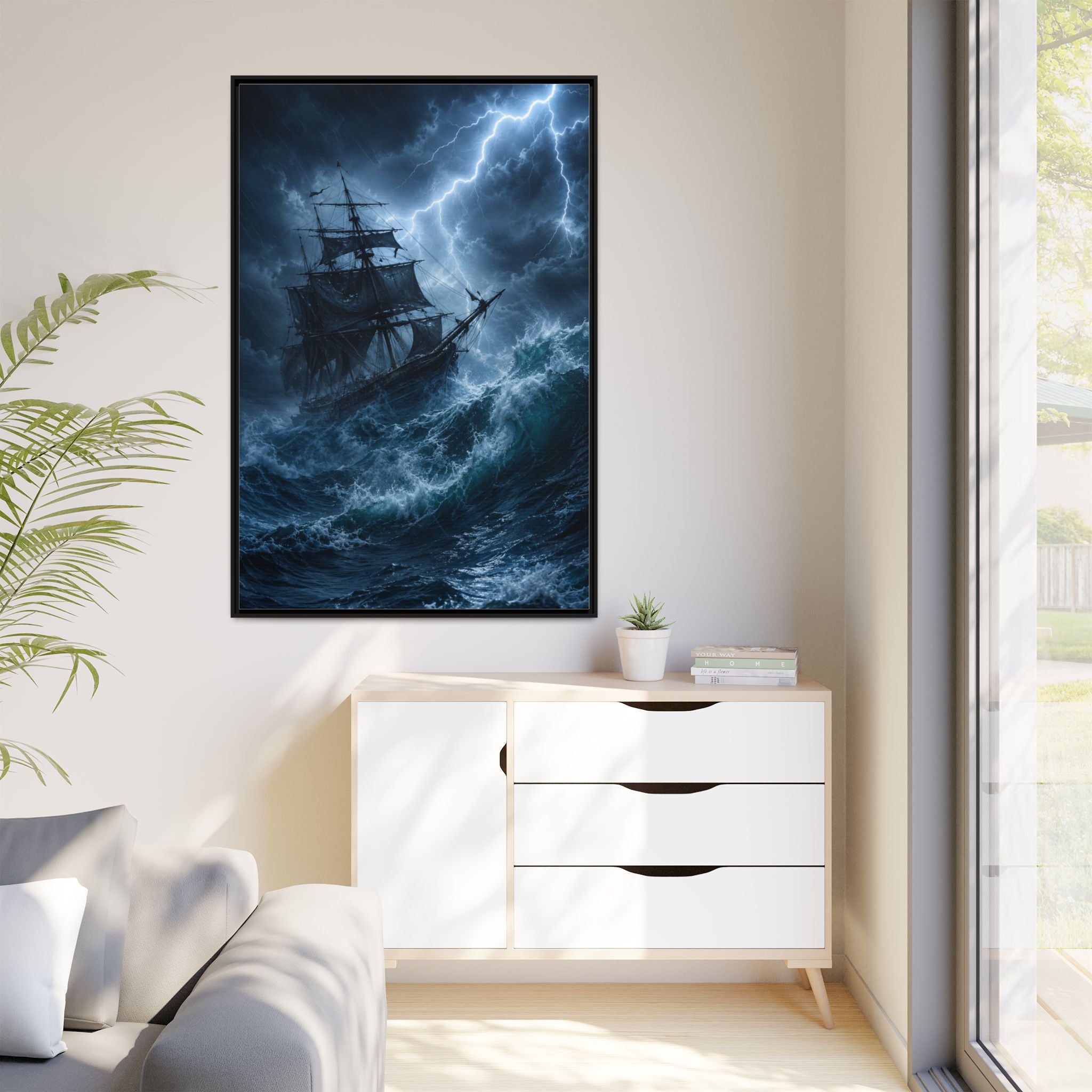 Stormy Seas Ship Painting — Framed Matte Canvas Wall Art