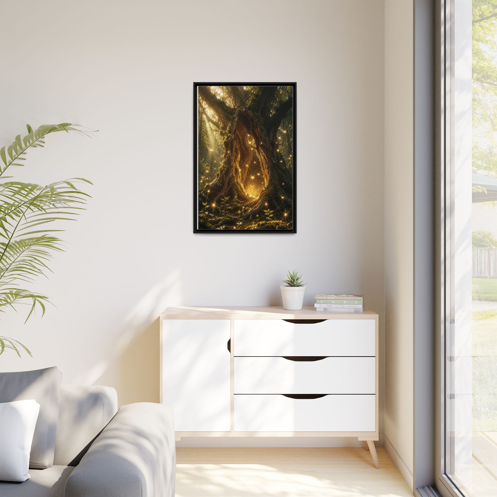 Framed Canvas Art - Enchanted Forest Tree with Glowing Fireflies