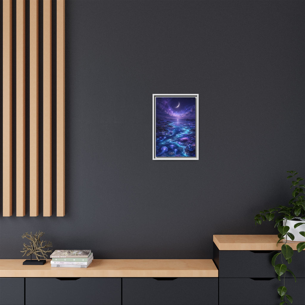 Framed Canvas Art — Bioluminescent Moonlit Ocean Scene