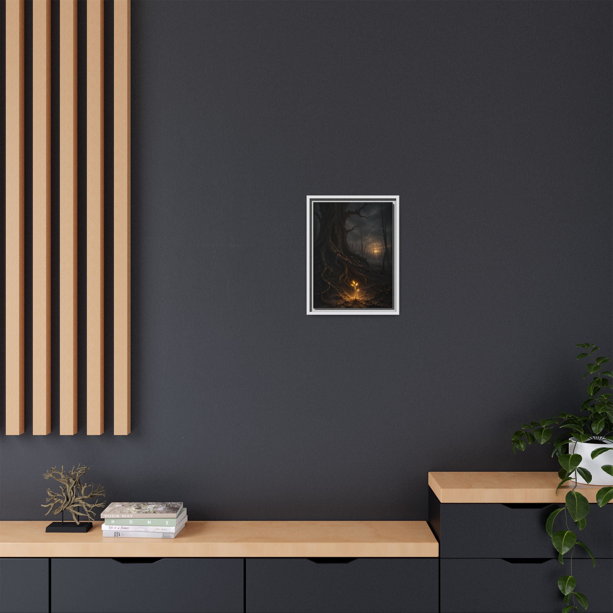 Framed Matte Canvas — Glow Sprout in Dark Forest (Ethereal Fantasy Wall Art)