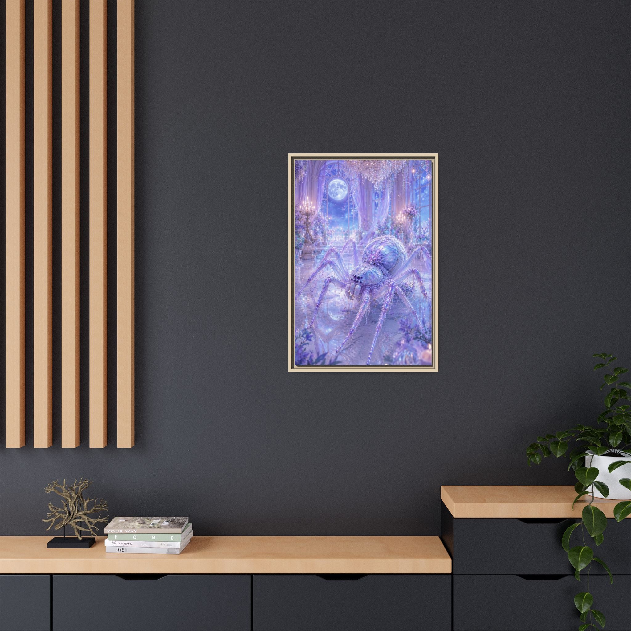 Moonlit Spider Fantasy Canvas Print — Lavender Enchanted Wall Art (Framed)