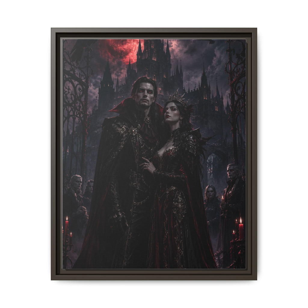 Vampire Couple Matte Framed Canvas Art – Gothic Red Moon Wall Decor
