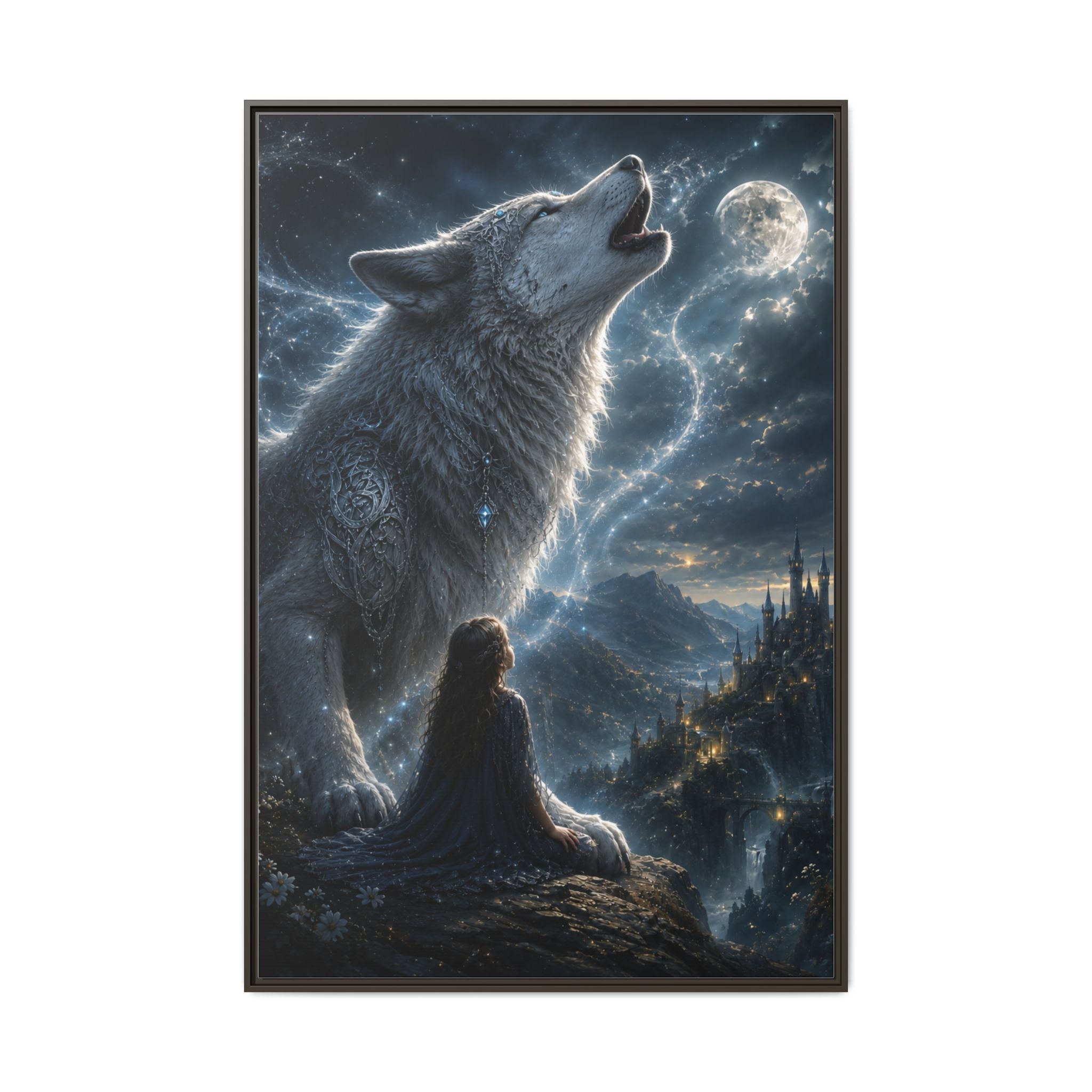 Howling Wolf Moon Matte Canvas Print — Framed Fantasy Wall Art