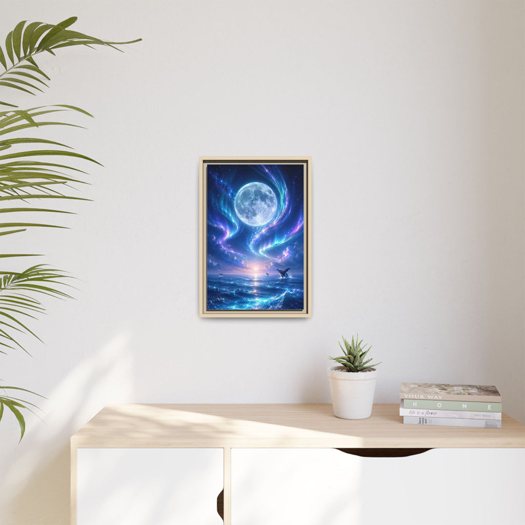 Framed Canvas Art - Lunar Aurora Ocean Scene
