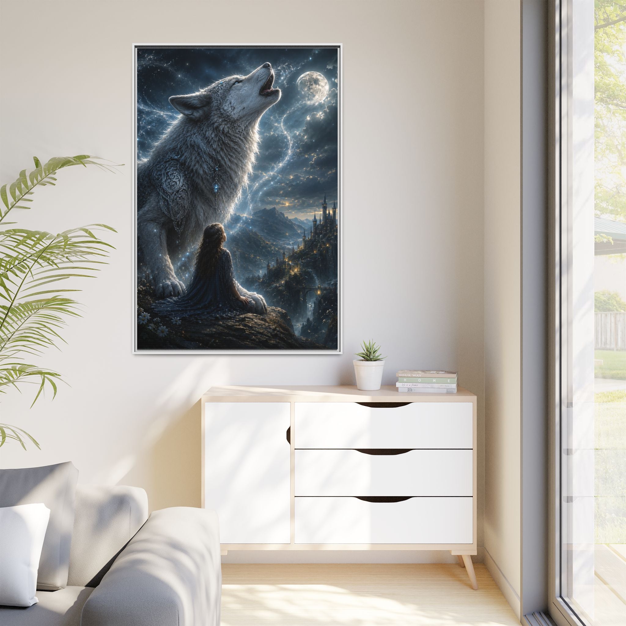 Howling Wolf Moon Matte Canvas Print — Framed Fantasy Wall Art