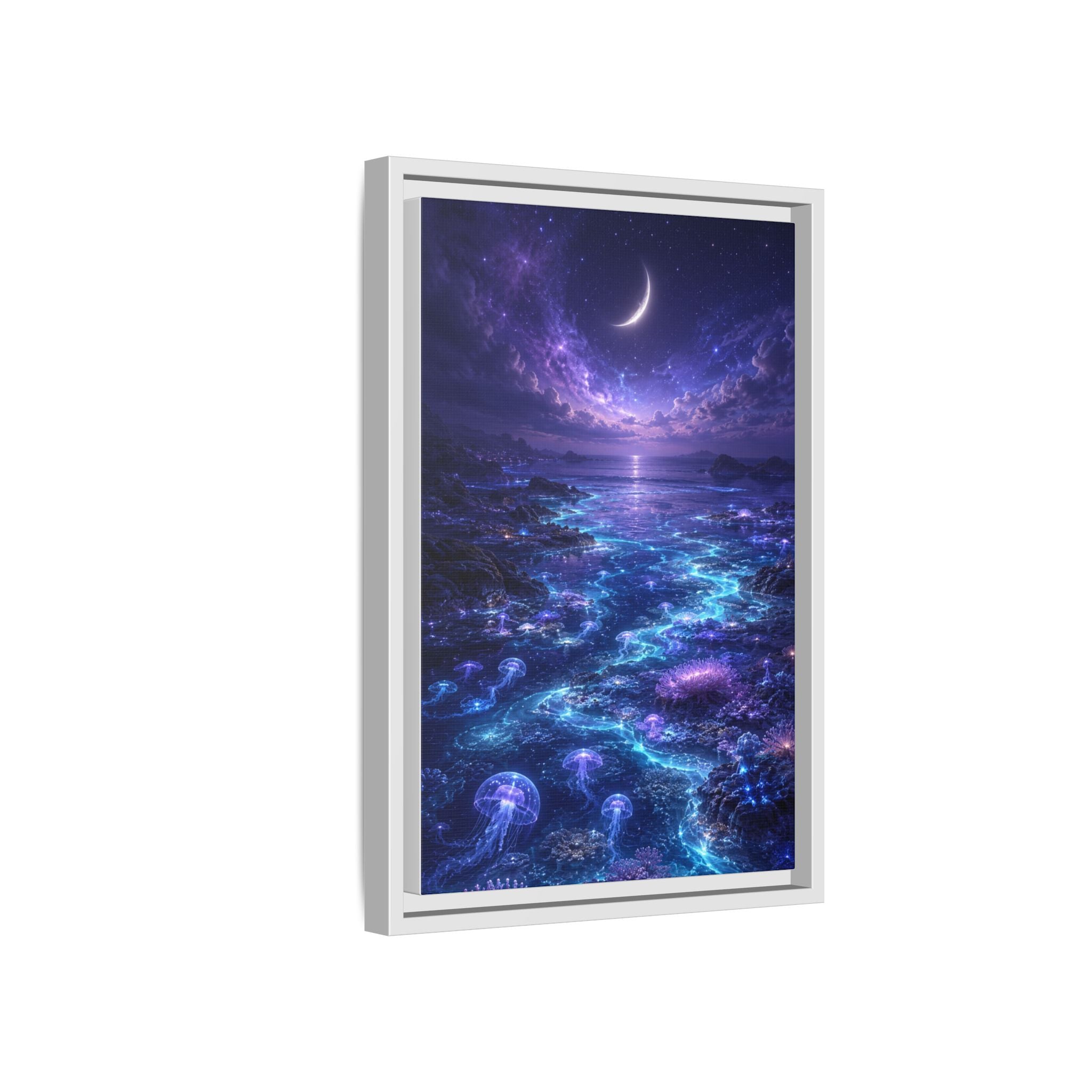 Framed Canvas Art — Bioluminescent Moonlit Ocean Scene