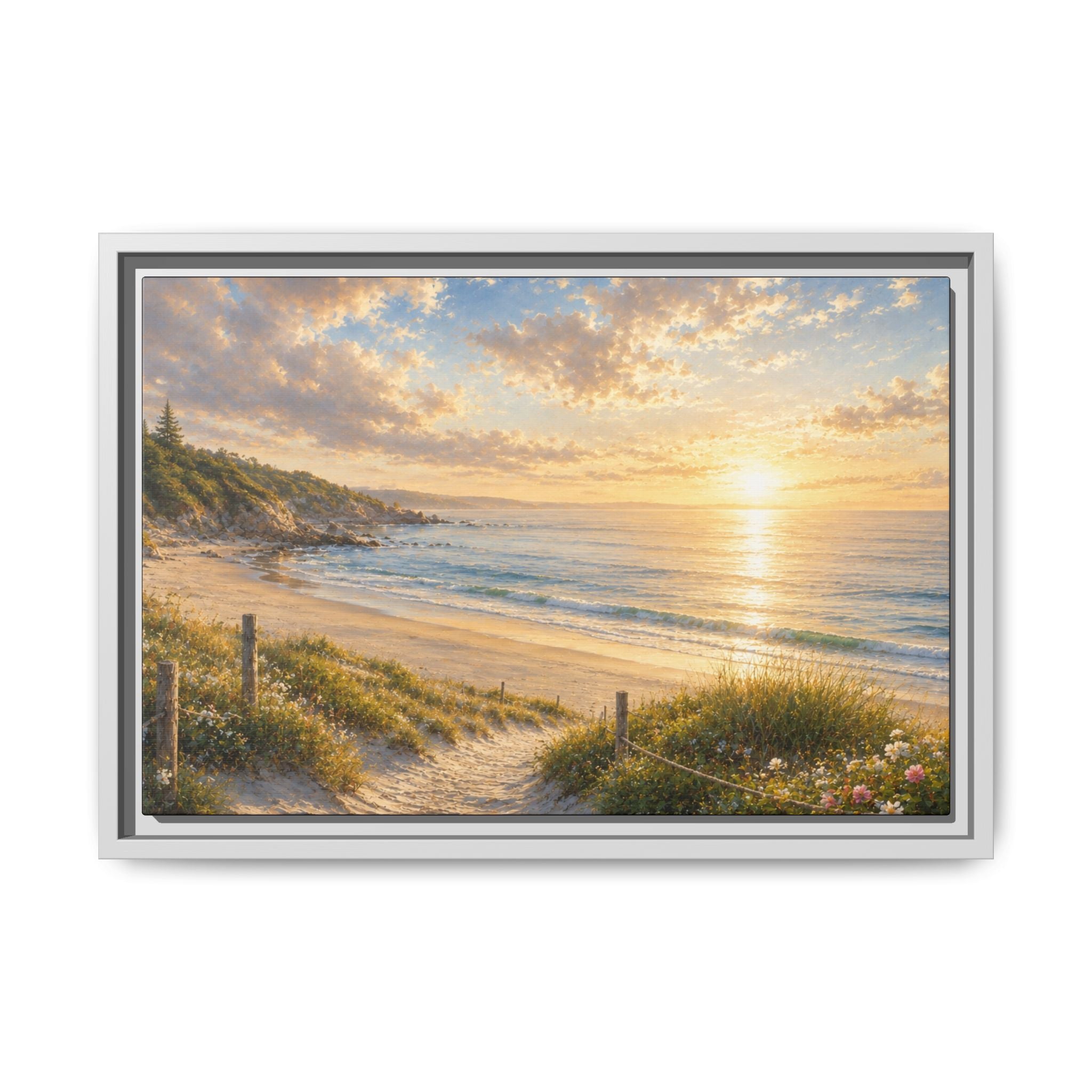Framed Framed Canvas: Golden Beach Sunrise Seascape Wall Art