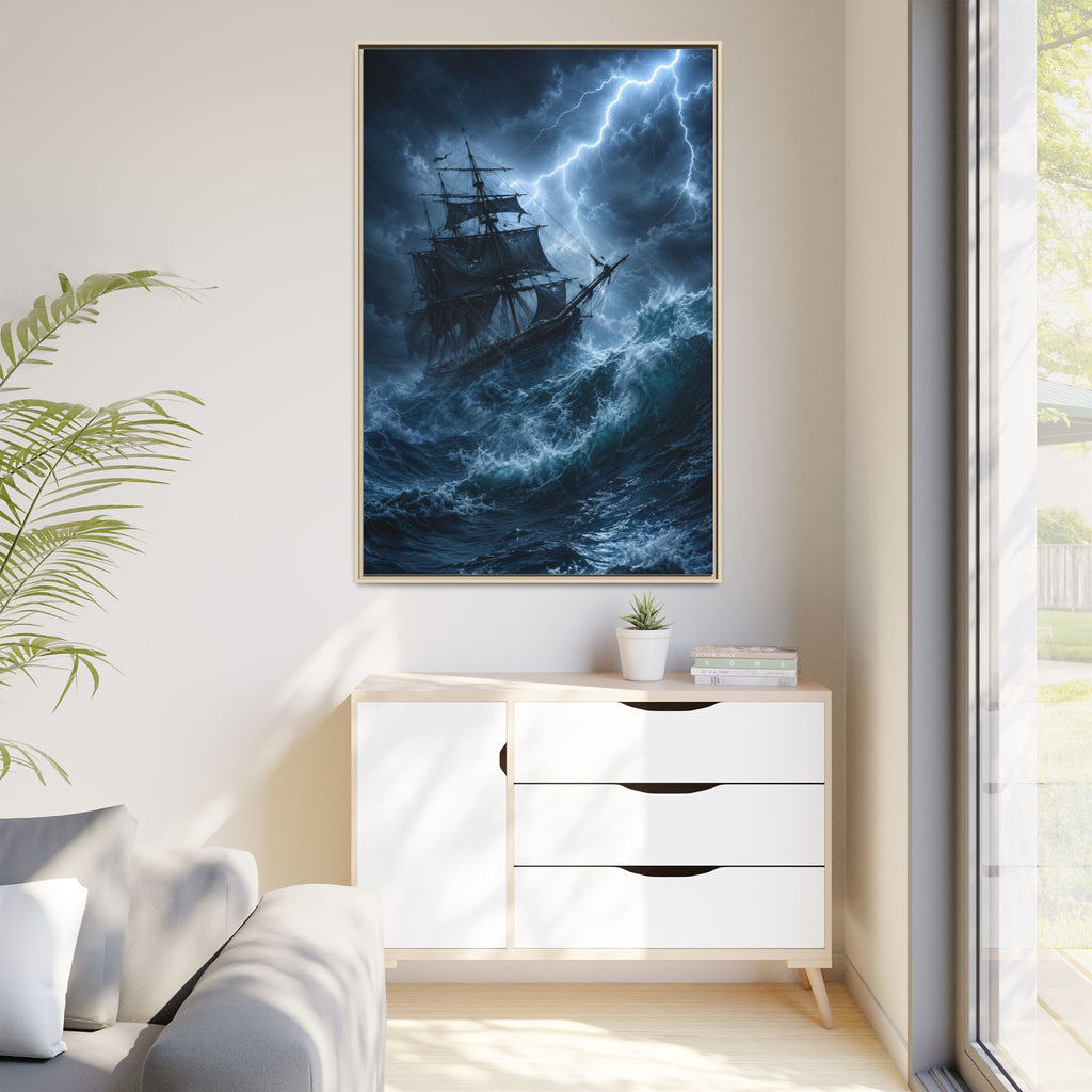 Stormy Seas Ship Painting — Framed Matte Canvas Wall Art