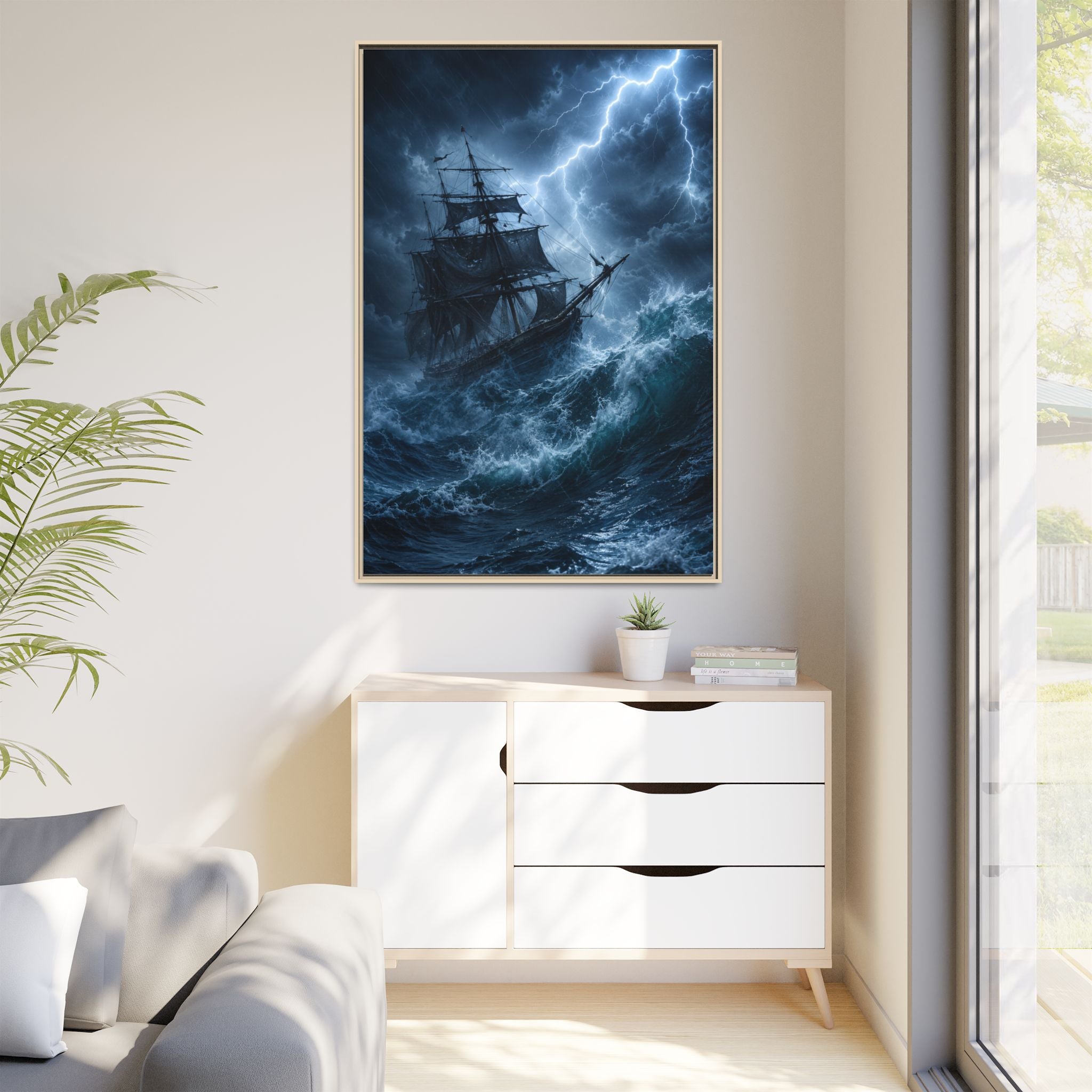 Stormy Seas Ship Painting — Framed Matte Canvas Wall Art