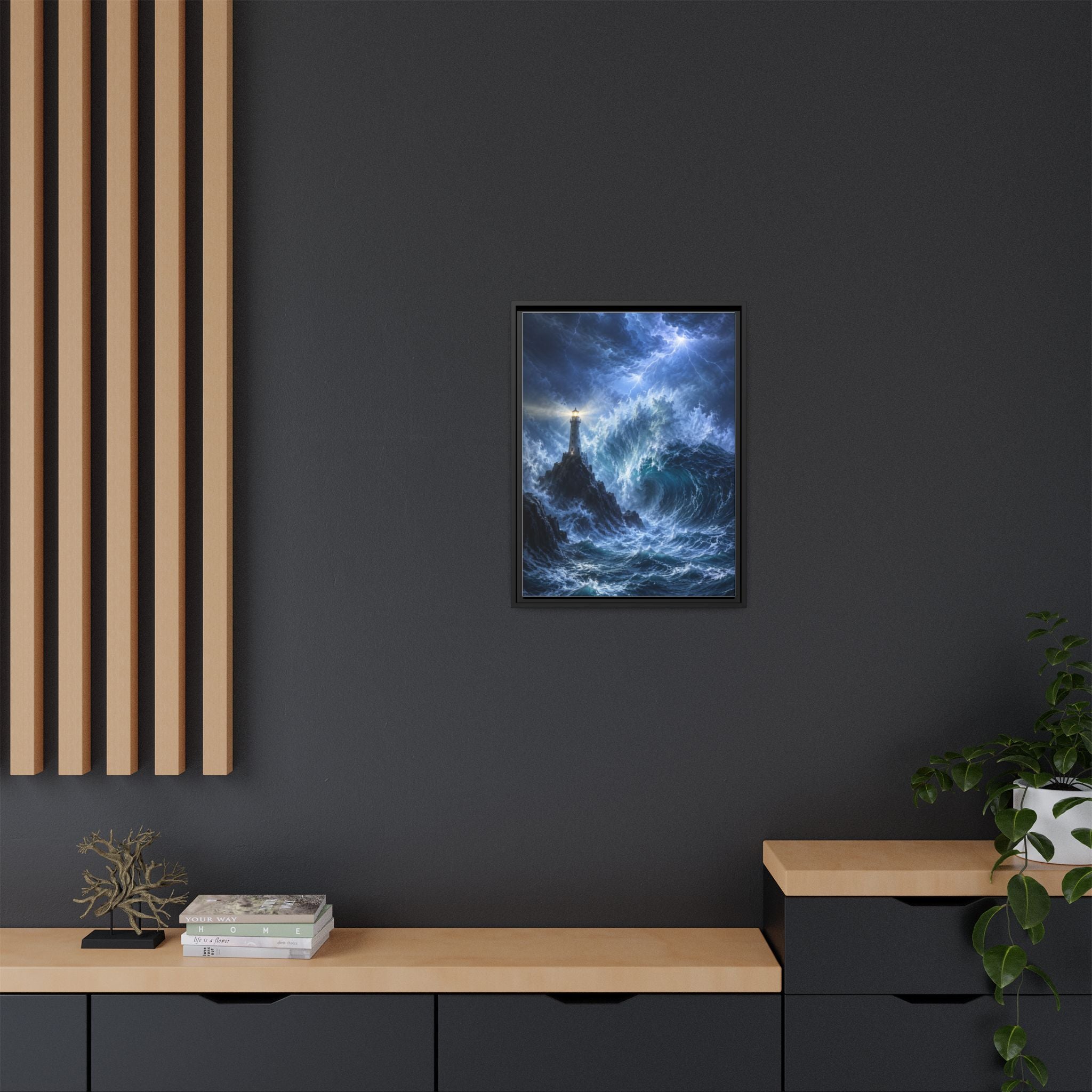 Framed Matte Canvas – Stormy Lighthouse Ocean Print