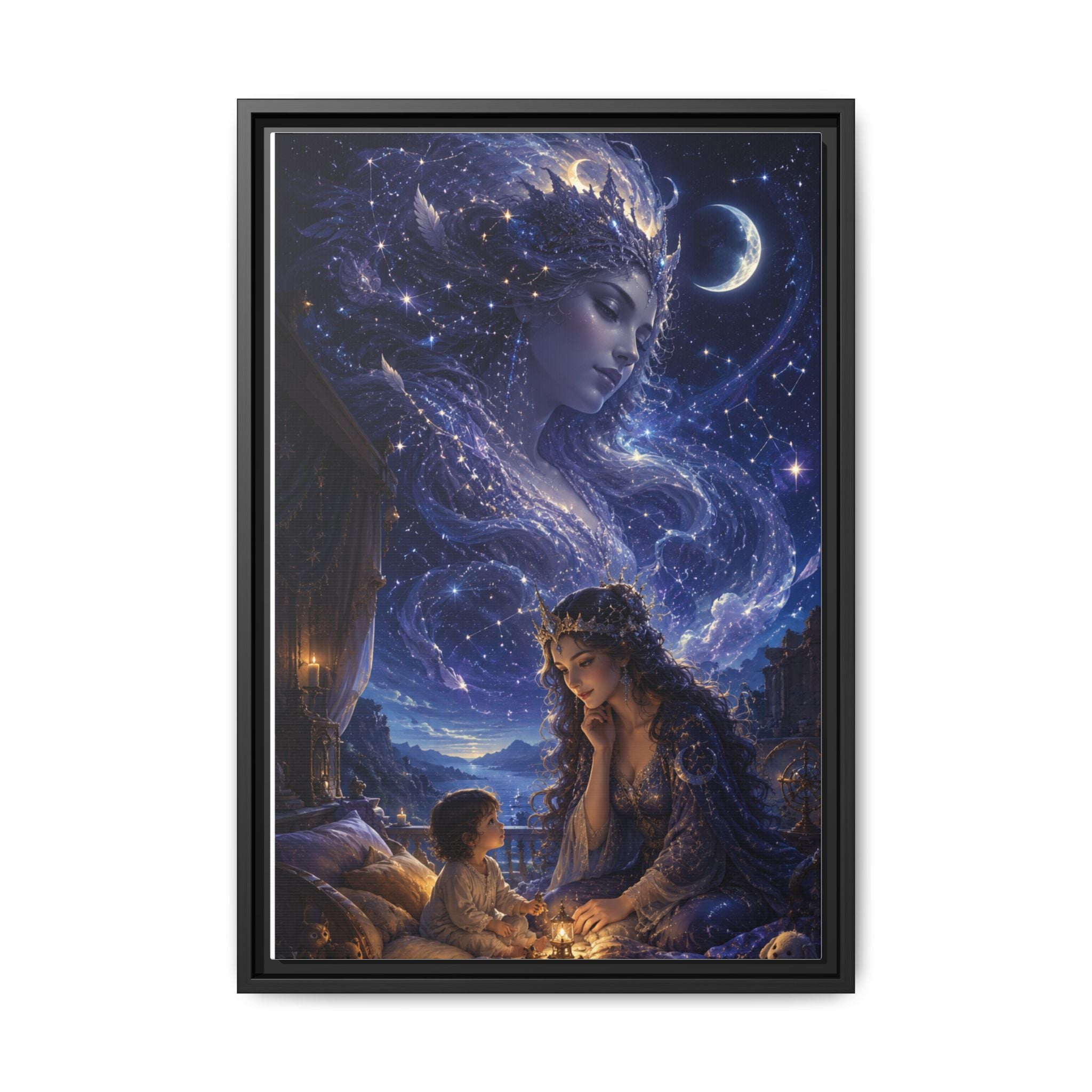 Framed Matte Canvas — Mystical Moon Mother & Child Nightscape Wall Art