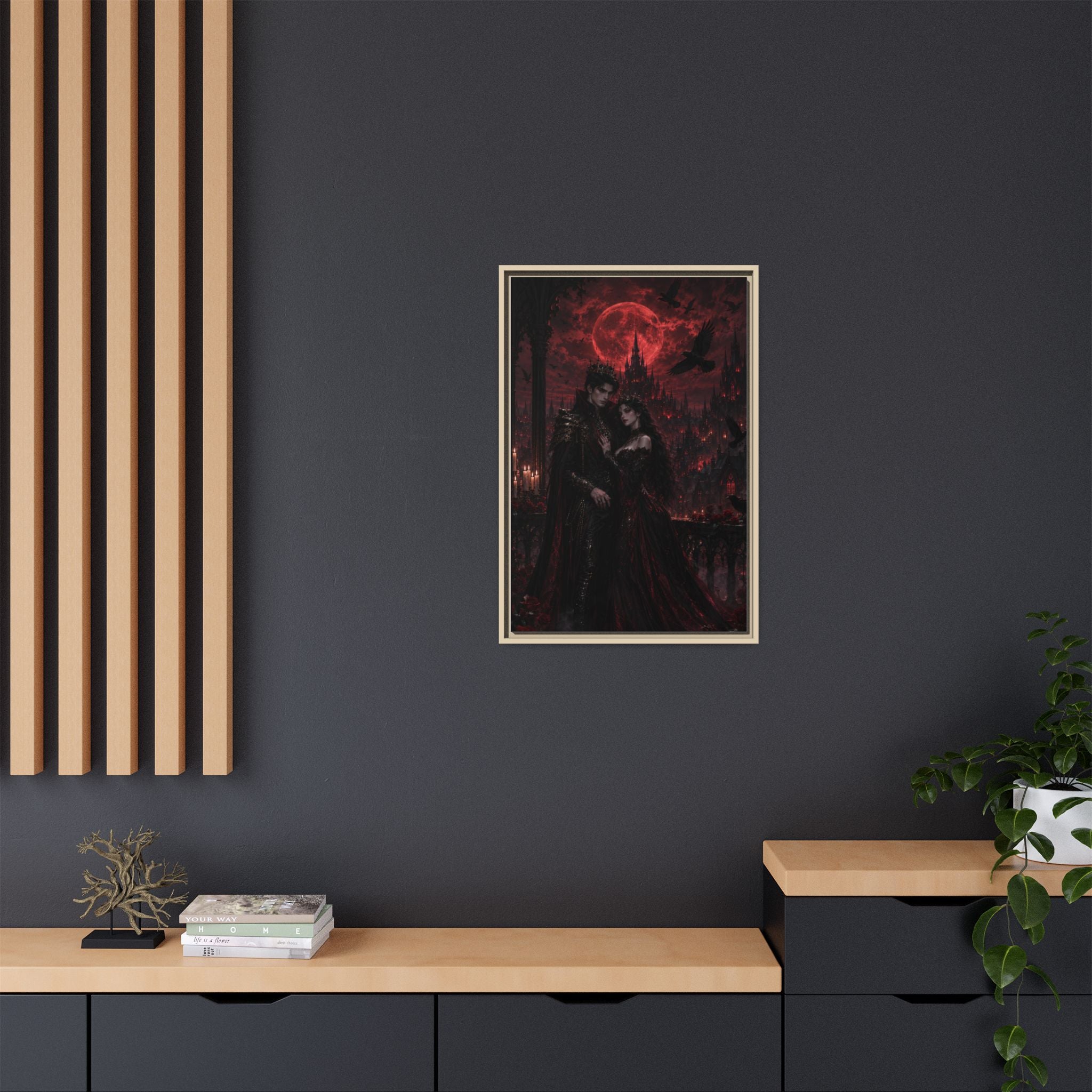 Vampire Lovers Matte Framed Canvas — Gothic Red Moon Wall Art