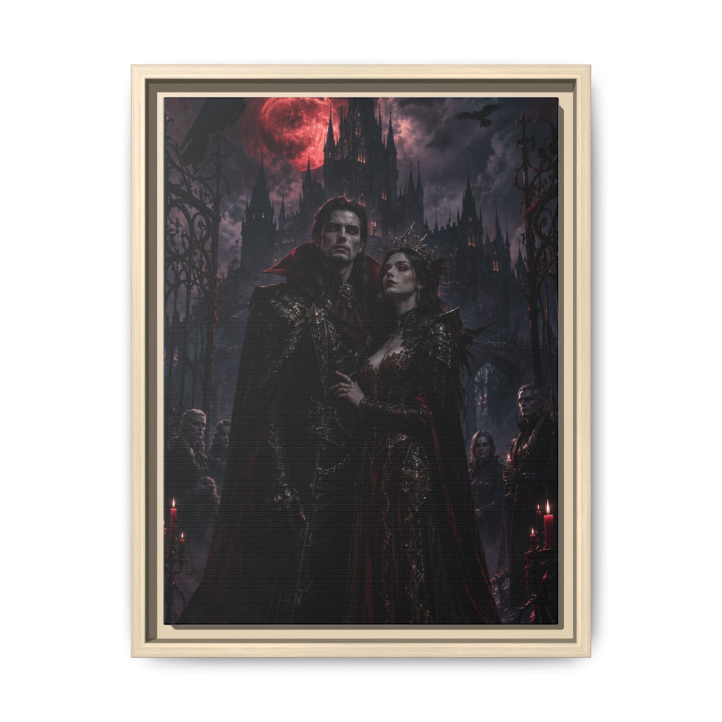 Vampire Couple Matte Framed Canvas Art – Gothic Red Moon Wall Decor