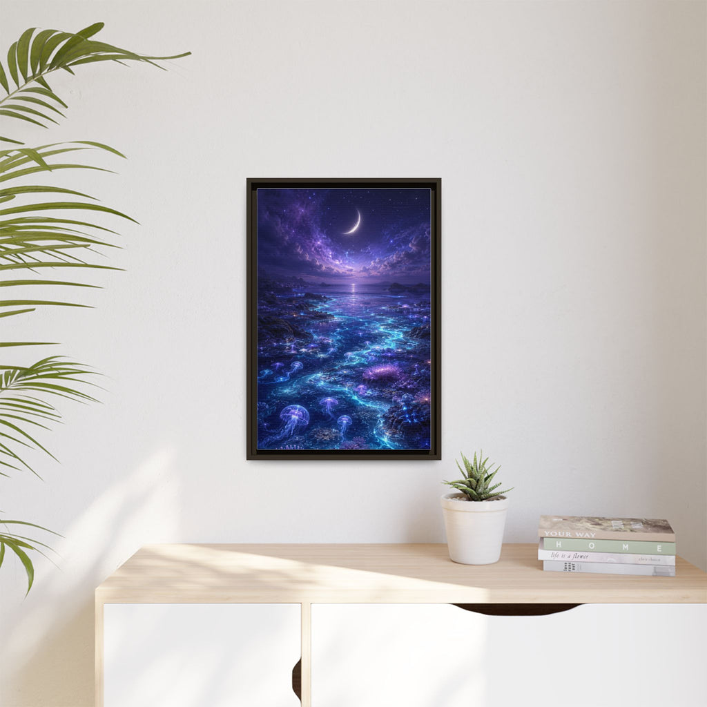 Framed Canvas Art — Bioluminescent Moonlit Ocean Scene