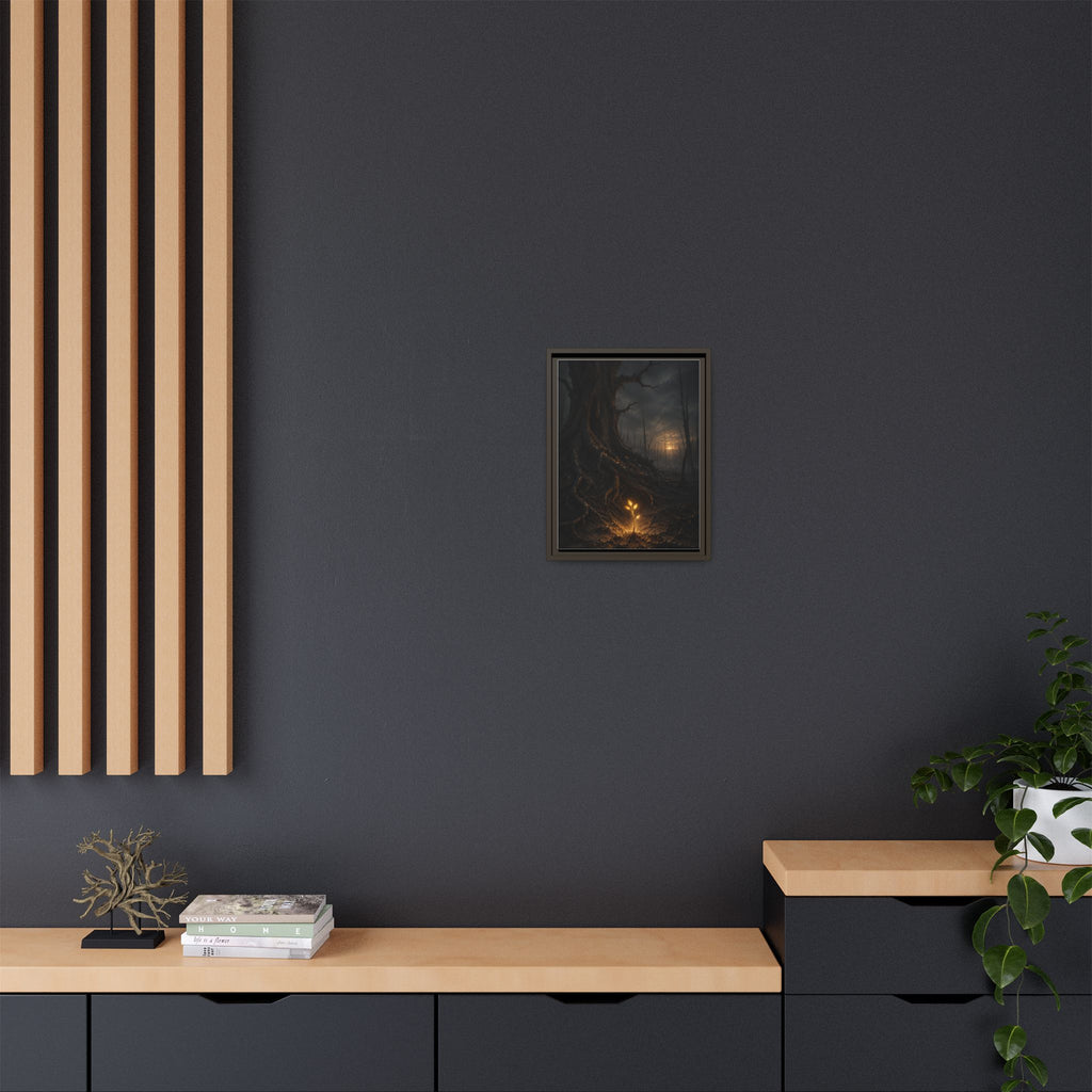 Framed Matte Canvas — Glow Sprout in Dark Forest (Ethereal Fantasy Wall Art)