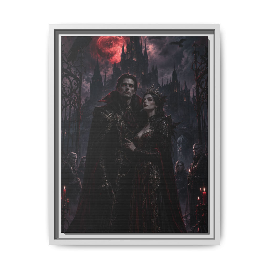 Vampire Couple Matte Framed Canvas Art – Gothic Red Moon Wall Decor