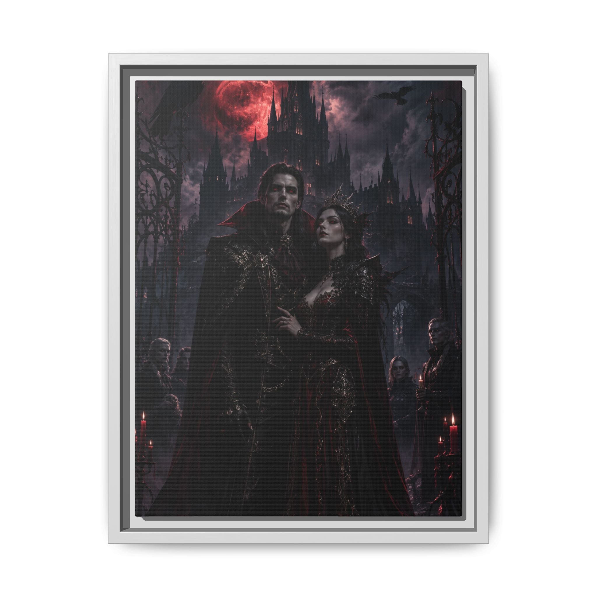 Vampire Couple Matte Framed Canvas Art – Gothic Red Moon Wall Decor