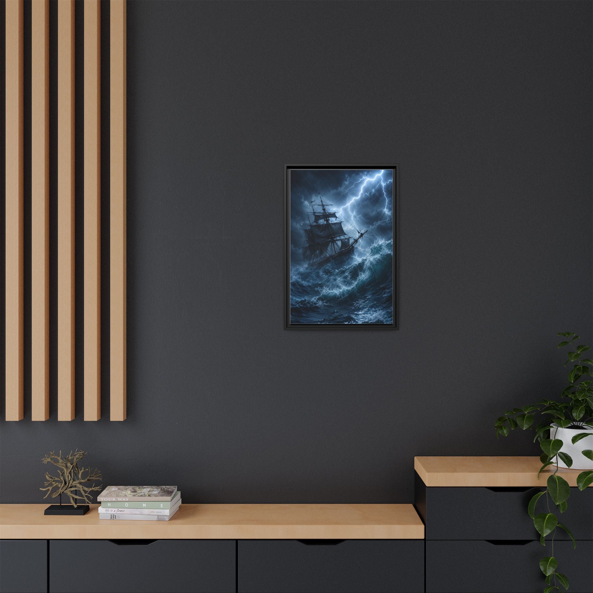 Stormy Seas Ship Painting — Framed Matte Canvas Wall Art